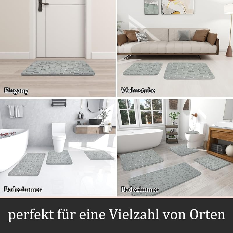 Chakme Memory Foam Fürdőszobaszőnyeg Szett 5 Részes - Kavics Mintázatú, Csúszásmentes, Nedvszívó, Mosható Fürdőszoba Szőnyeg, Világosszürke