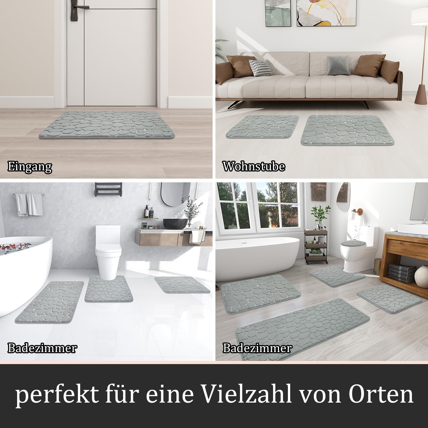 chakme Badezimmer Teppiche Sets 3 Stück, Cobblestone Memory Foam Badezimmer Matten Set dick, Anti-Rutsch-Badematten für Bad,absorbierend waschbar hellgrau Badteppiche für Wanne, WC und Boden