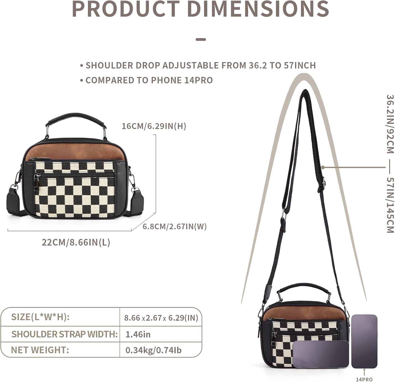 Checkered Crossbody Bag for Women, Checkerboard Shoulder Purse Handbag