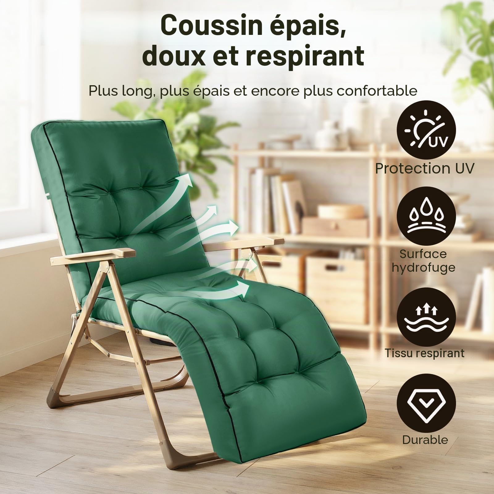 Coussin de Chaise Longue 200x55x8 cm, Coussin de Jardin Hydrofuge Mise en Place Facile – Assise Rembourrée en Mousse déchiquetée pour Transat Extérieur, Résistant UV
