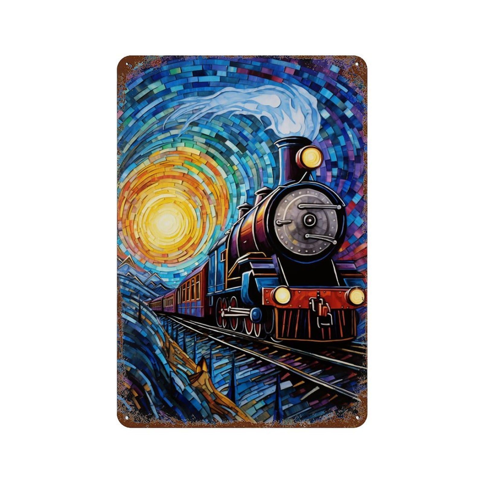Garage Style Starry Night Train Journey Decorative Tin Sign 11.8"x7.9", Novelty Wall Decor for Bar And Workshop