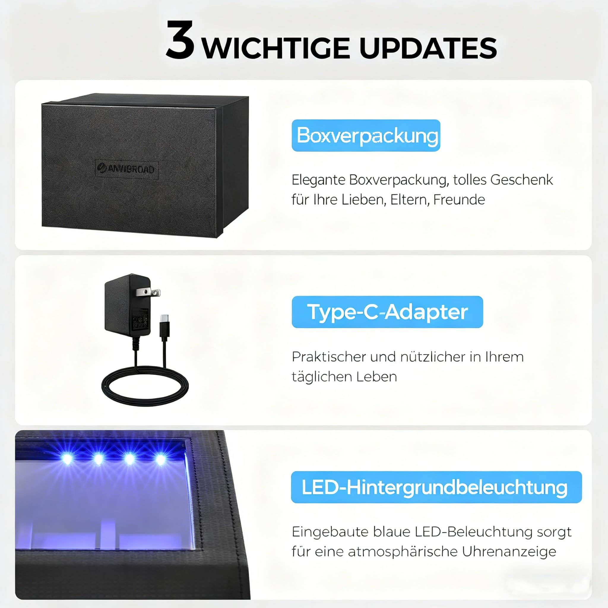 ANWBROAD Uhrenbeweger 4 Uhren+6 extra Speicherplätze Uhrendreher Automatikuhren 4 Drehmodis mit Super Leisem Mabuchi Automatik Uhrenbeweger Watch Winder Uhrendreher Karbonfaser USB-Aufladung JWW002F