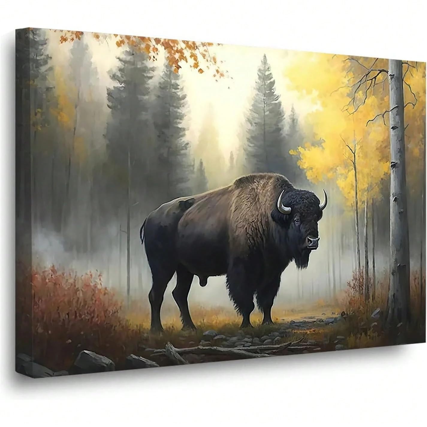 LYBCEOUG Forest Bison Mural, Buffalo Canvas Art, Misty Wildlife Landscape Painting, Suitable for Lodge and Living Room(40x50cm/No frame)