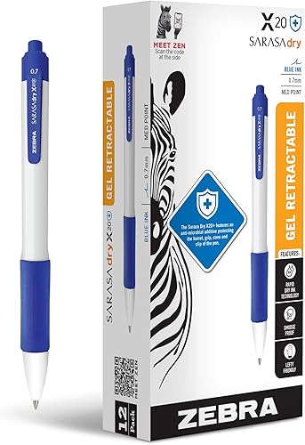 Zebra Pen Sarasa Dry X20+ Bolígrafo de gel retráctil, barril de plástico, punta media, 0.028 in, tinta azul, paquete de 12
