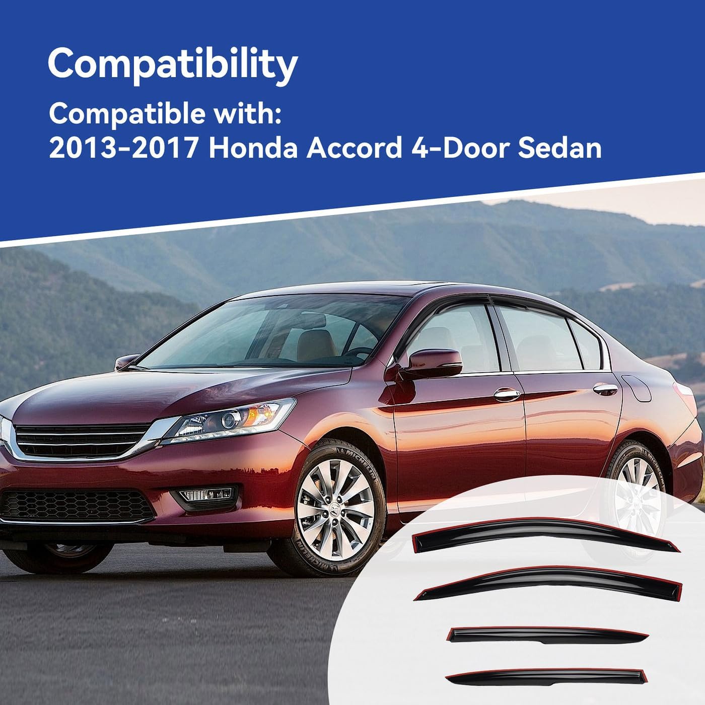 Window Rain Guards Compatible with 2013-2017 Honda Accord 4-Door Sedan, 4pcs JDM 3D Wavy MU Style Window Visors Deflectors Outside Mount Type Dark Smoke Tint Tape-On Side Sun Set of 4