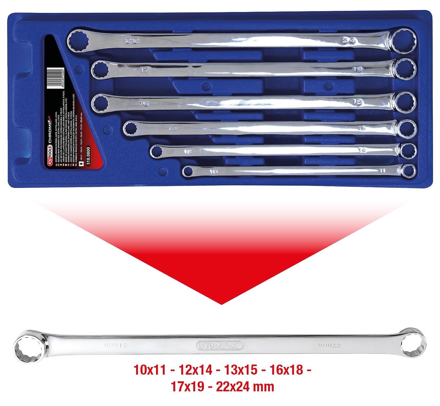 KS Tools 518.0800 CHROMEplus Zestaw podwójnych kluczy oczk,ekstra dlugich, 6-szt, 10x11-22x24mm