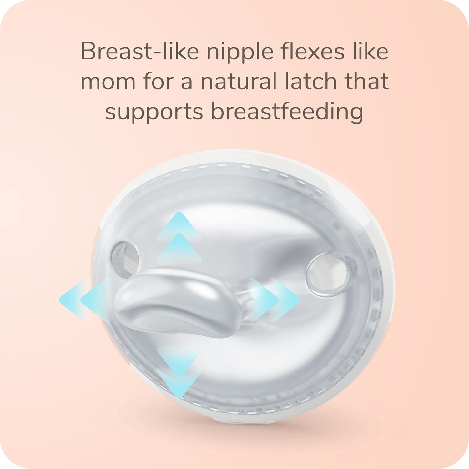 Close-up of NUK Simply Natural Pacifier nipple demonstrating airflow for a natural latch