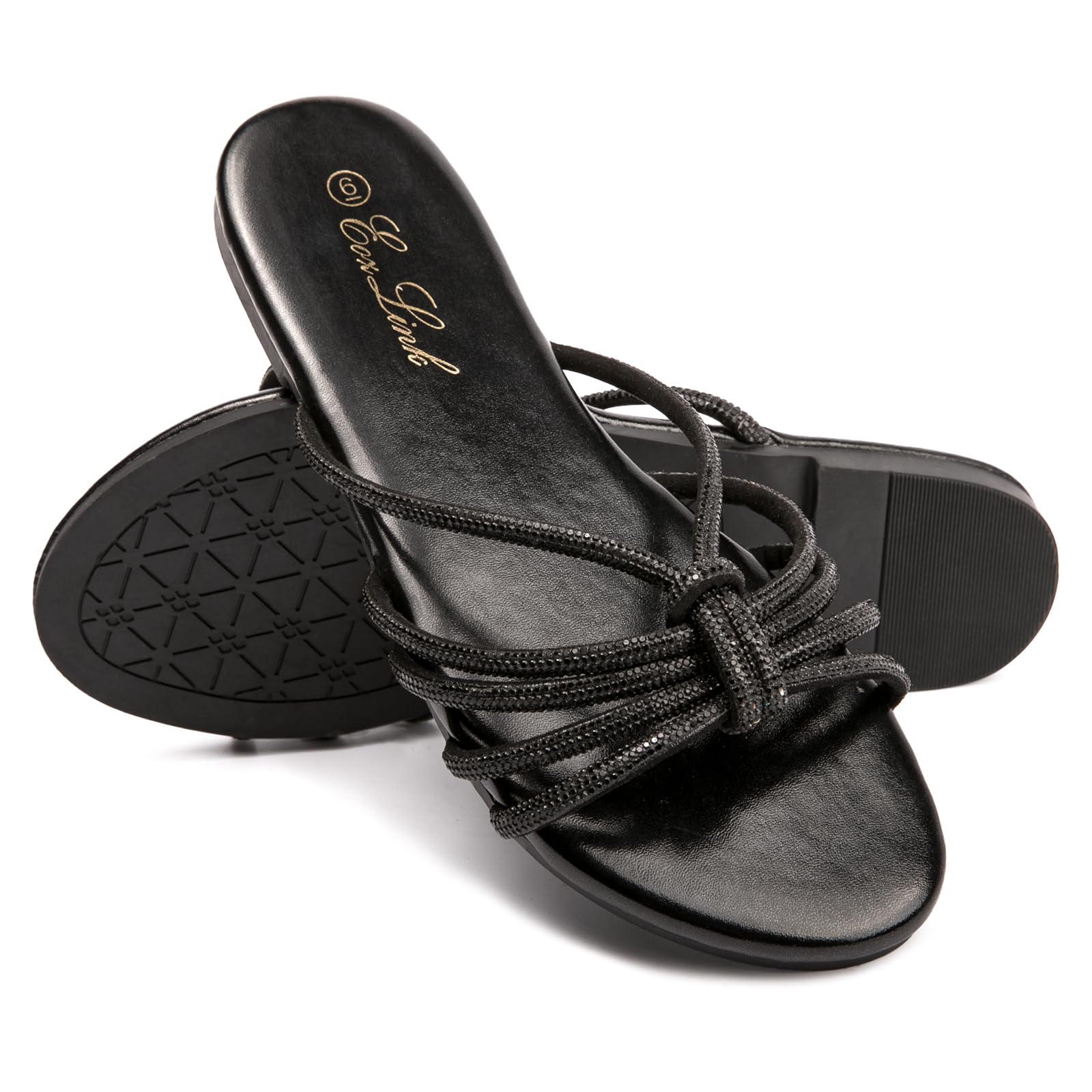 Eozlink Women's Flat Sandals Rhinestone Open Toe Sandals for Women Casual Sparkle Flat Sandals for Women Glitter Bling Evening Party Prom Dance Slide