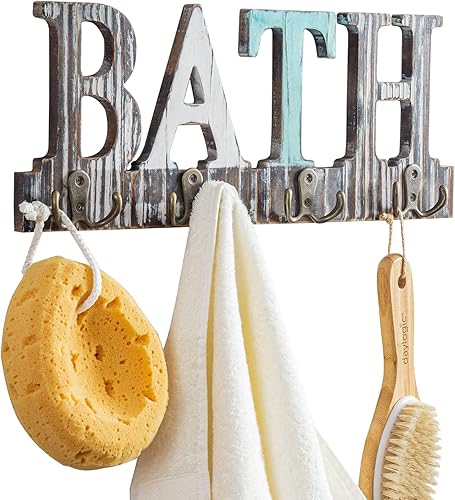 MyGift Ganchos para toallas de pared para baños, toallero colgante de madera rústica con 4 ganchos dobles y diseño de corte de baño
