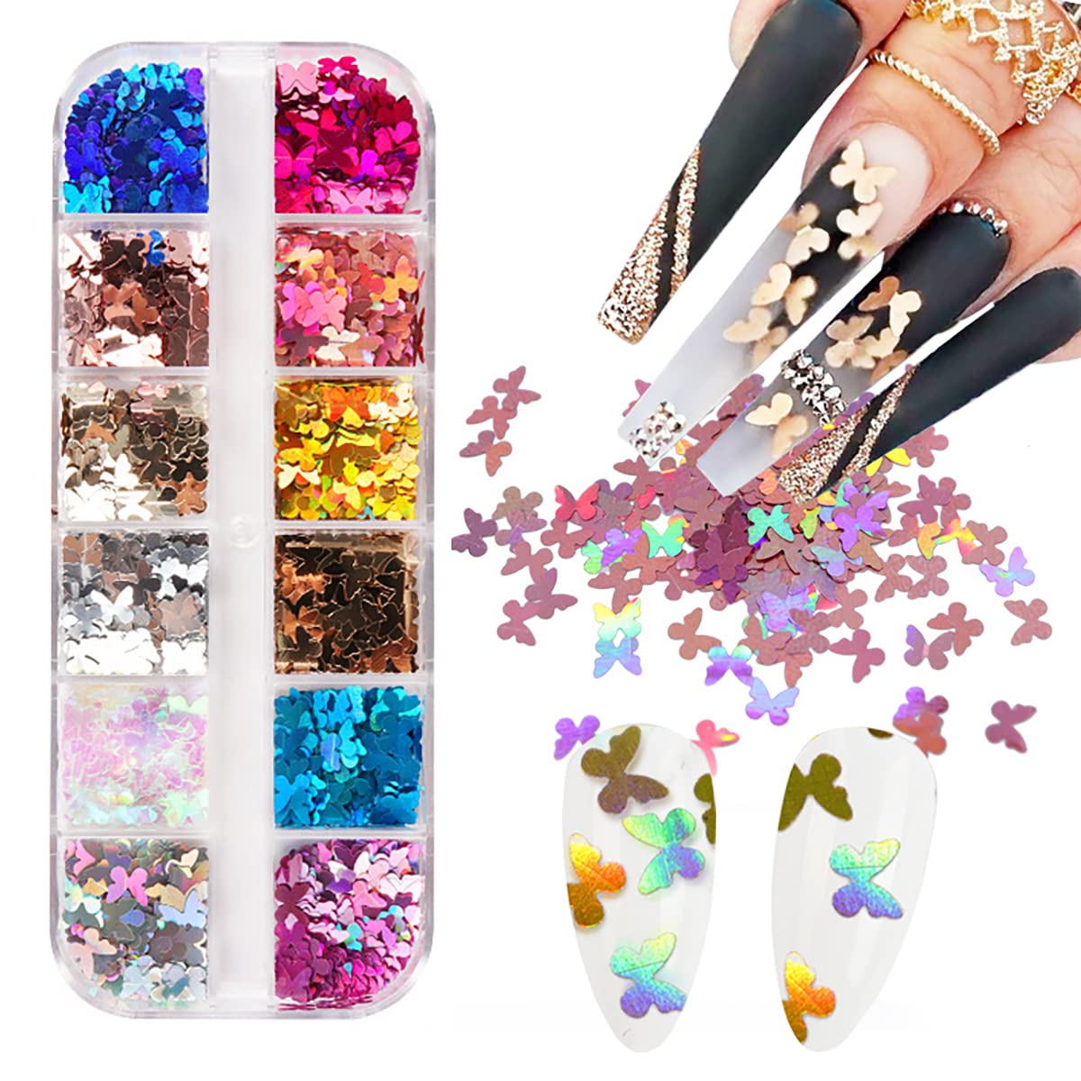 12 Grids Holographic Butterfly Nail Art Glitter Sequins 3D Sparkly Laser Butterflies Glitter for Acrylic Nail Design Manicure Paillettes Ultrathin