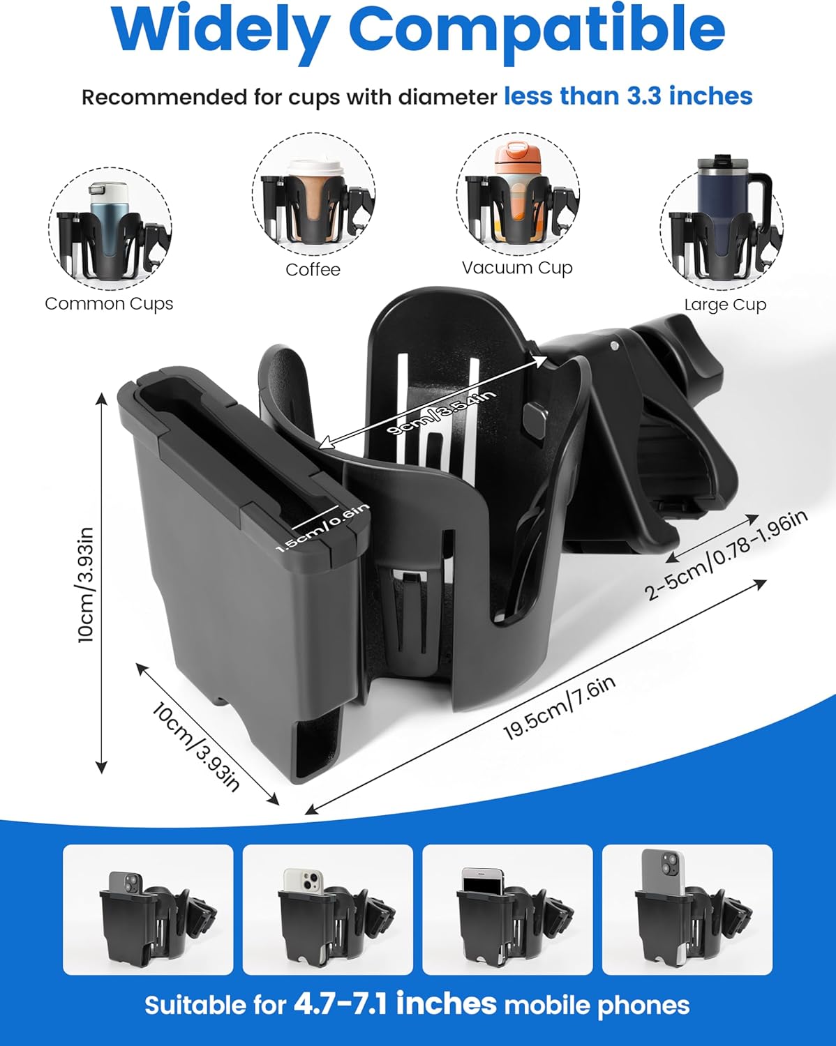 Wheelchair Cup Holder with Phone Holder, 2-in-1 Walker Cup Holder, 360° Rotatable Clamp with Silicone Shock Protection, Accessories for Rollator Walker with Seat, Wheelchair, Walker, Camper, Golf Cart - Image 6