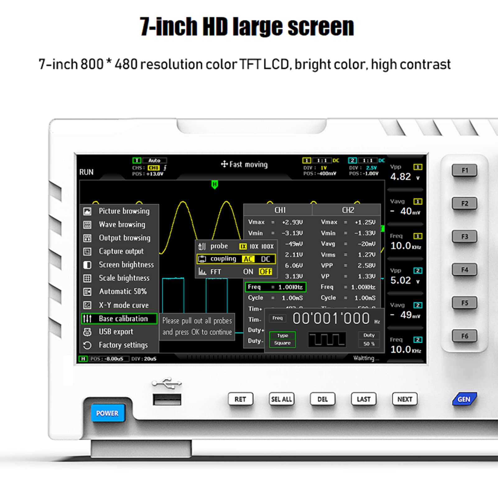 BuyWeek Digitales Oszilloskop, 2 in 1 Zwei Kanal Eingang Signalgenerator 100MHz 1GSa/s LCD Anzeige Digital Oszilloskop mit USB Schnittstelle