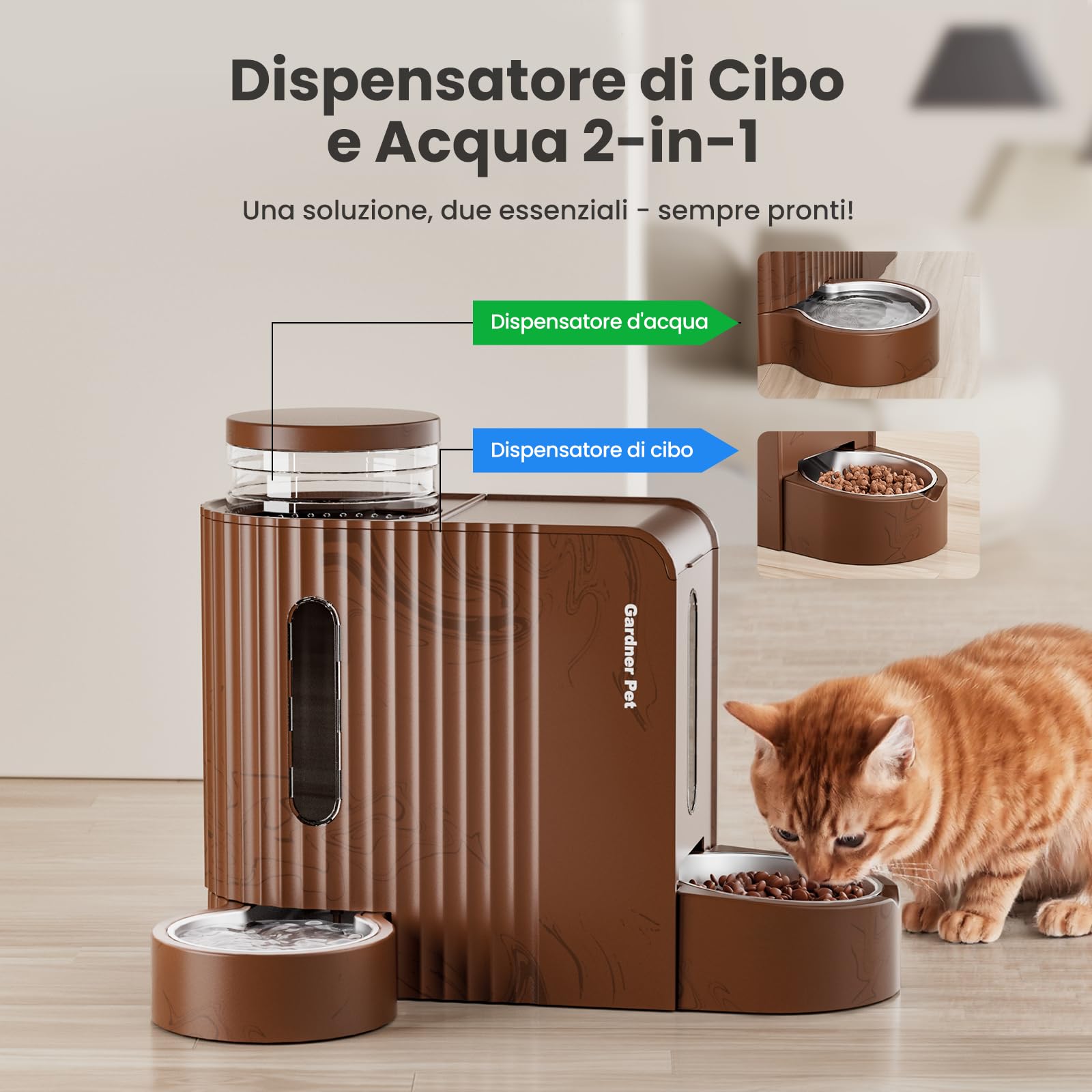 Gardner Pet 2 in 1 Distributore Automatico Cibo e Acqua Gatti (3L*2), Distributore Automatico Cibo Gatti con Ciotola in Acciaio Inox, GravitÀ Dispenser Crocchette Gatto, Senza BPA, Grana legno Scuro