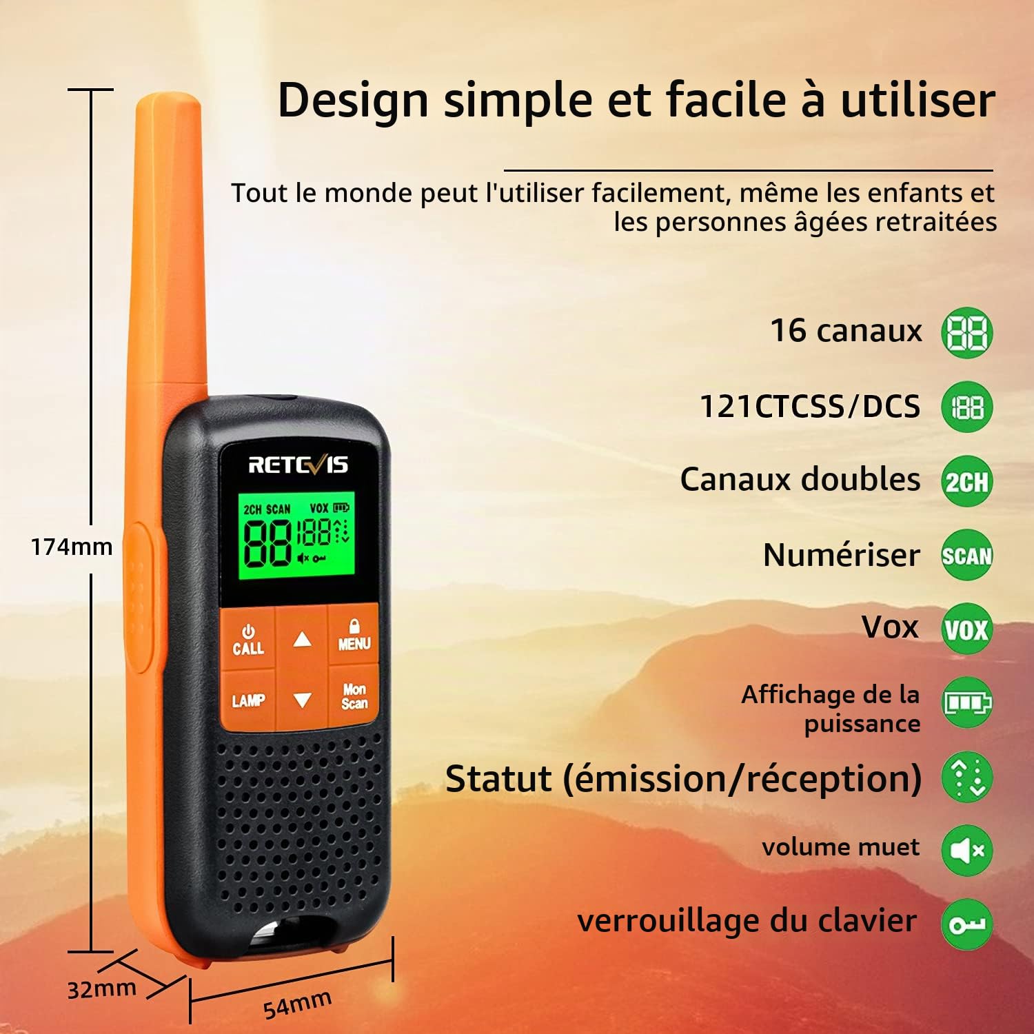 Retevis RT649 Talkie Walkie, Rechargeable PMR446 Toki Walki IP65 Étanche | Takie-Walkie Longue Portée, Camping Chasse, 1200 mAh Radio avec Chargeur de Bureau USB, Serrure à Clavier, Lampe de Poche