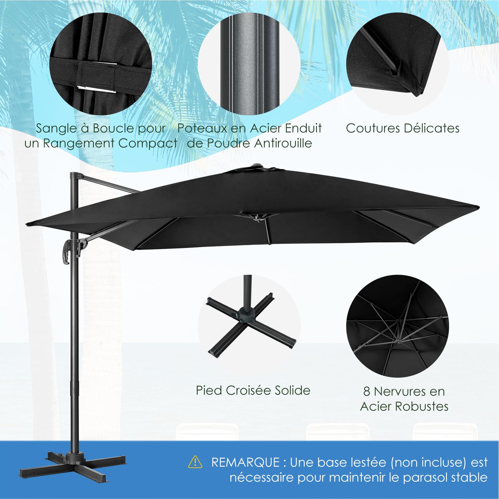 RELAX4LIFE Parasol Déporté Rectangulaire 3x3M Inclinable (Noir)