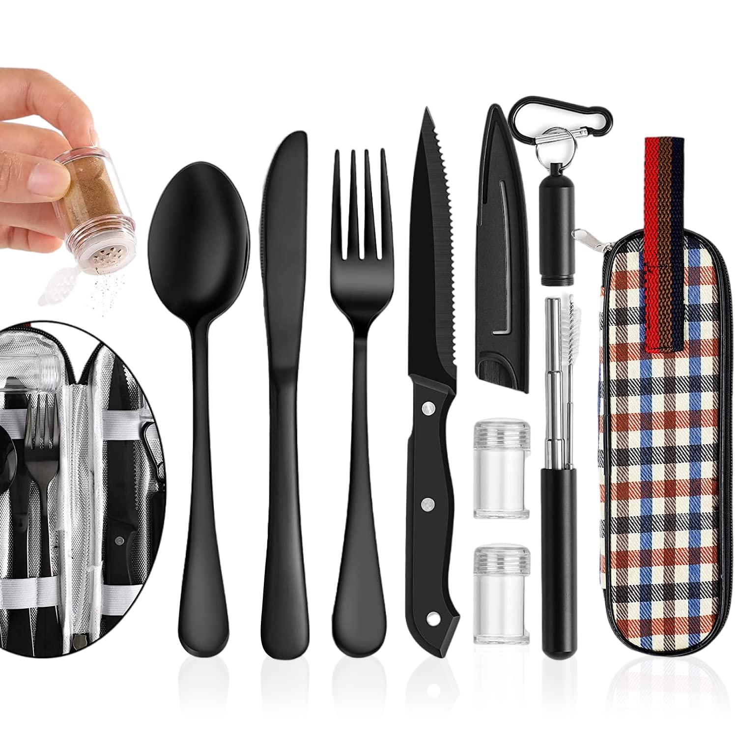 Travel Utensils Set with Case Reusable Stainless Steel Silverware Flatware Set 10 Pcs Portable Cutlery Eating Utensils Set with Case for Lunch Boxes Workplace Camping School, Dishwasher Safe
