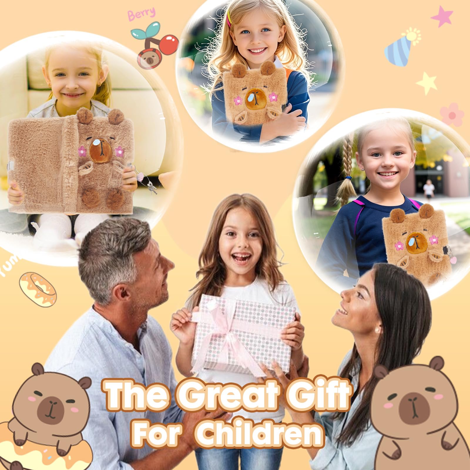 Capibara Plush Diary with Lock and Keys,160 Pagine Diario per Bambini con Chiusura Segreta, Taccuino di Peluche per Scrivere e Disegnare, Regali per Bambini