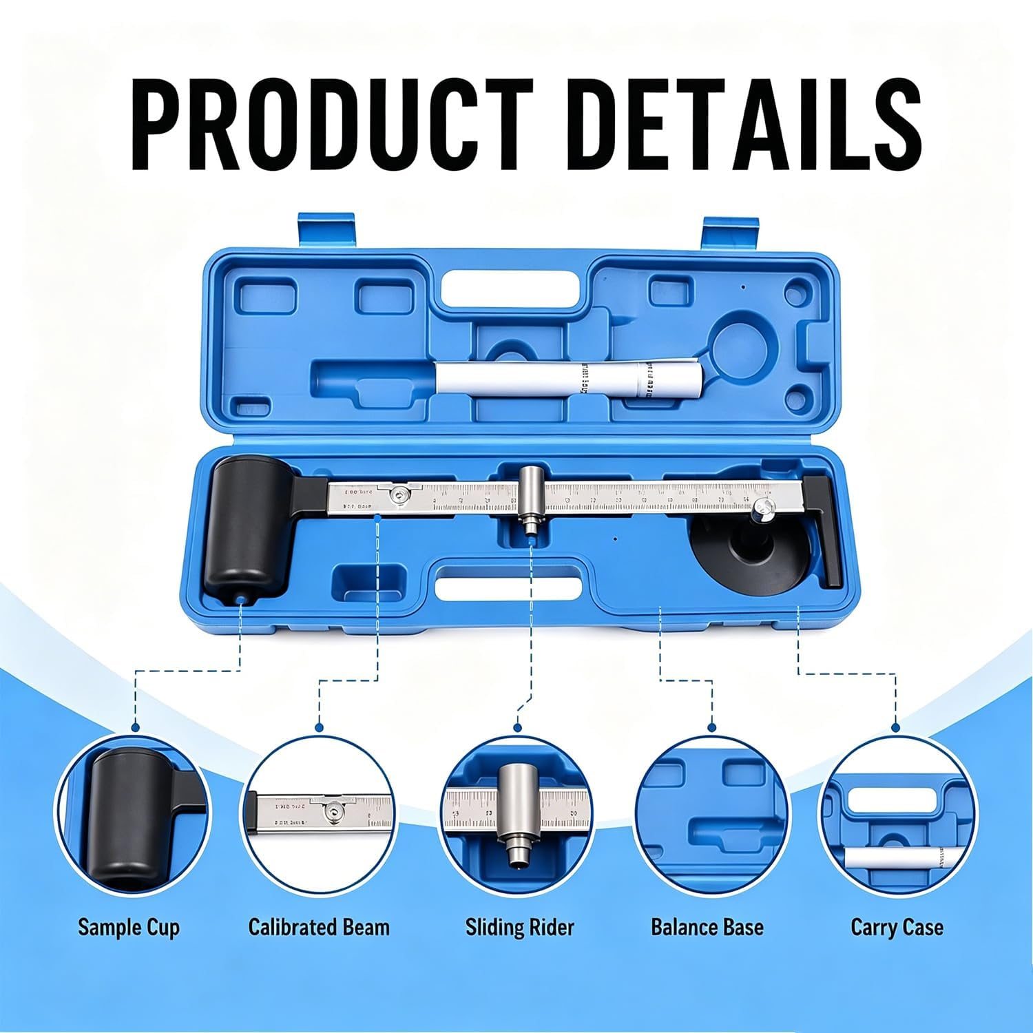 Kit de análisis de lodo con medidor de contenido de arena y densidad de líquidos, doble escala 0,96-2,5 g/cm³ y 8-21 /gal, estuche de transporte, para campo y laboratorio.
