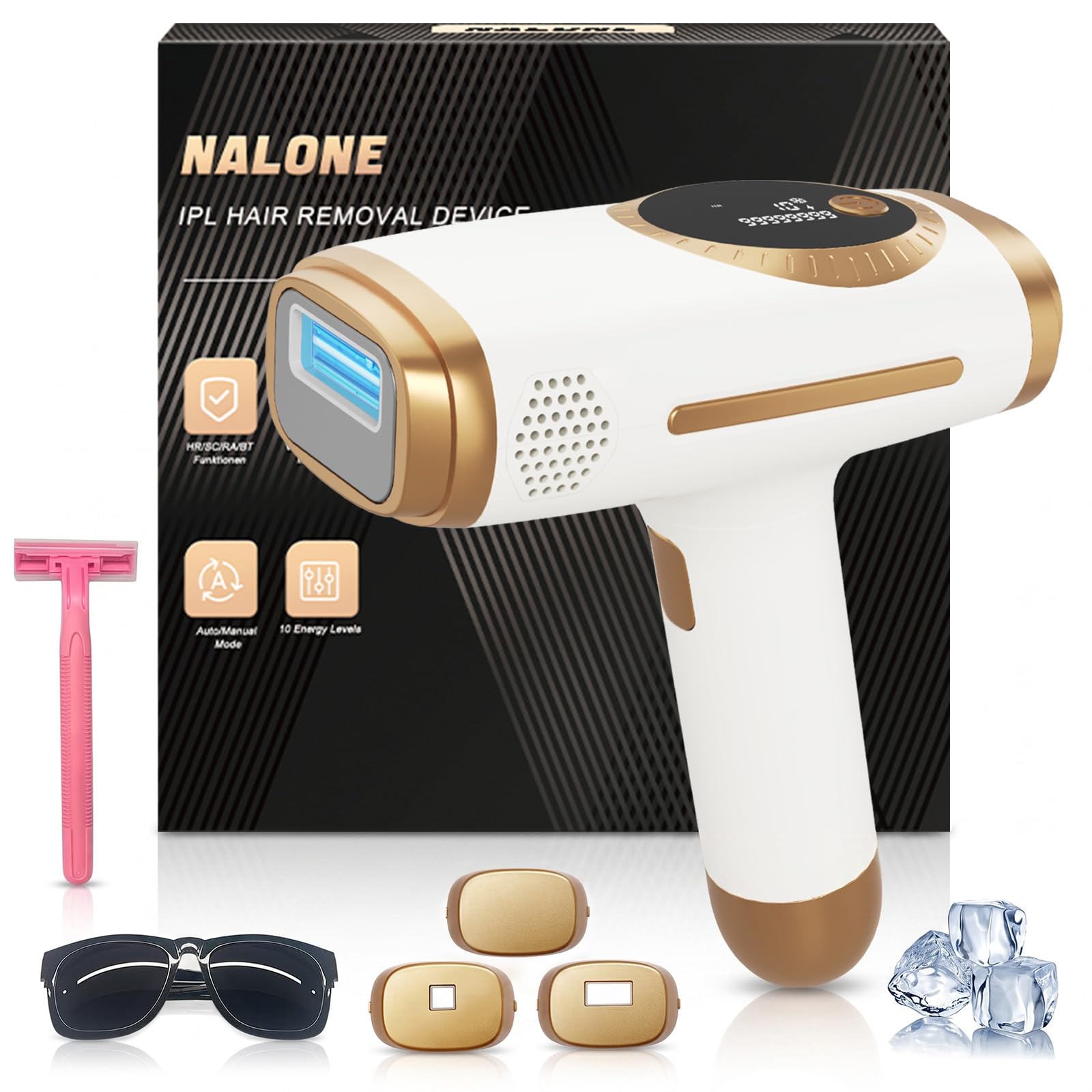 NALONE Depiladora IPL 4 en 1, Luz Pulsada para Mujeres y Hombres | ipl depiladora laser 10 niveles de potencia, modos HR/SC/RA/BT, uso doméstico para rostro, cuerpo y axilas