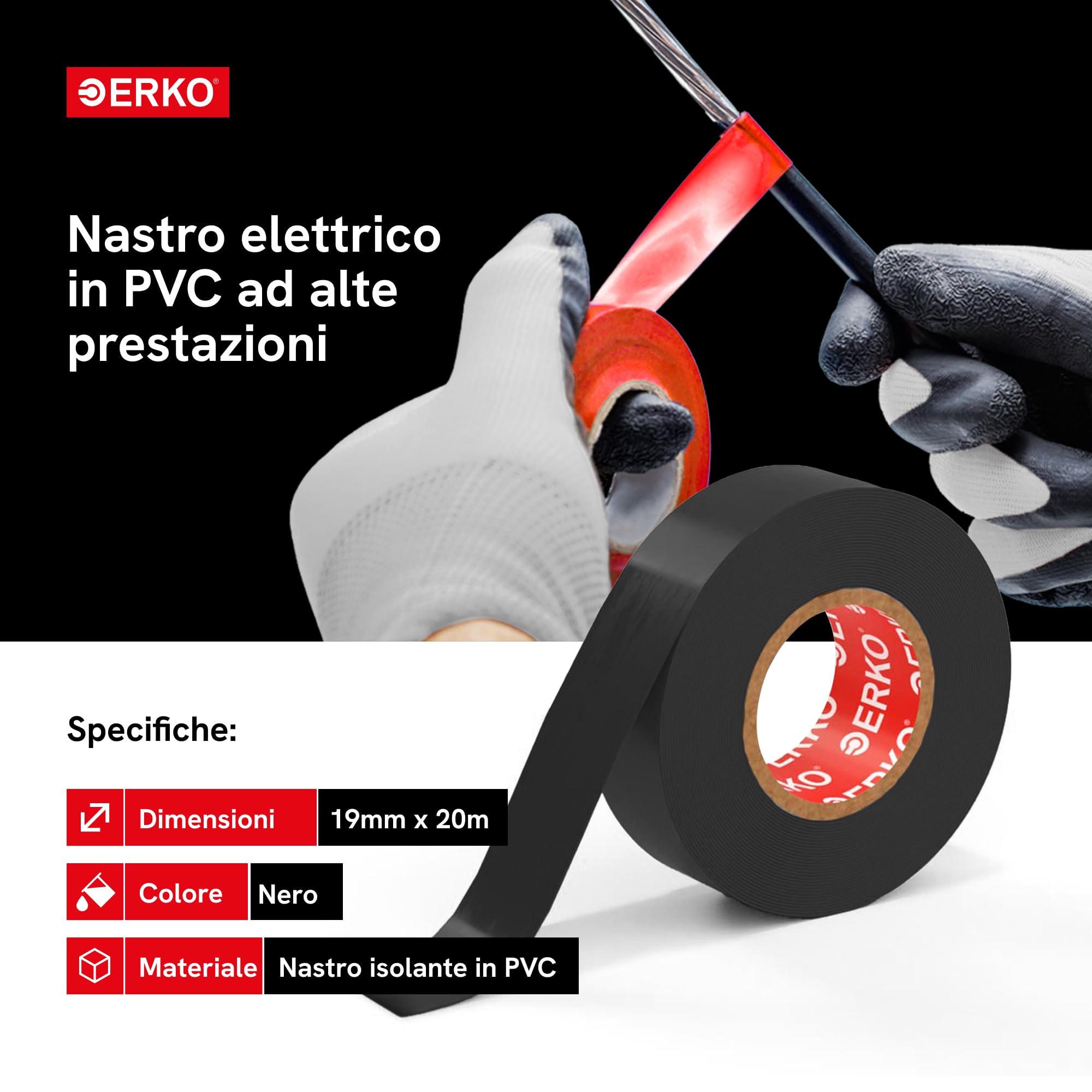 ERKO Nastro Isolante elettrico nero 19 mm x 20 m PVC Per isolare Riparare e legare, nastro adesivo, Per tensioni fino a 6 kv, elettrici professionali, flessibile, autoestinguente