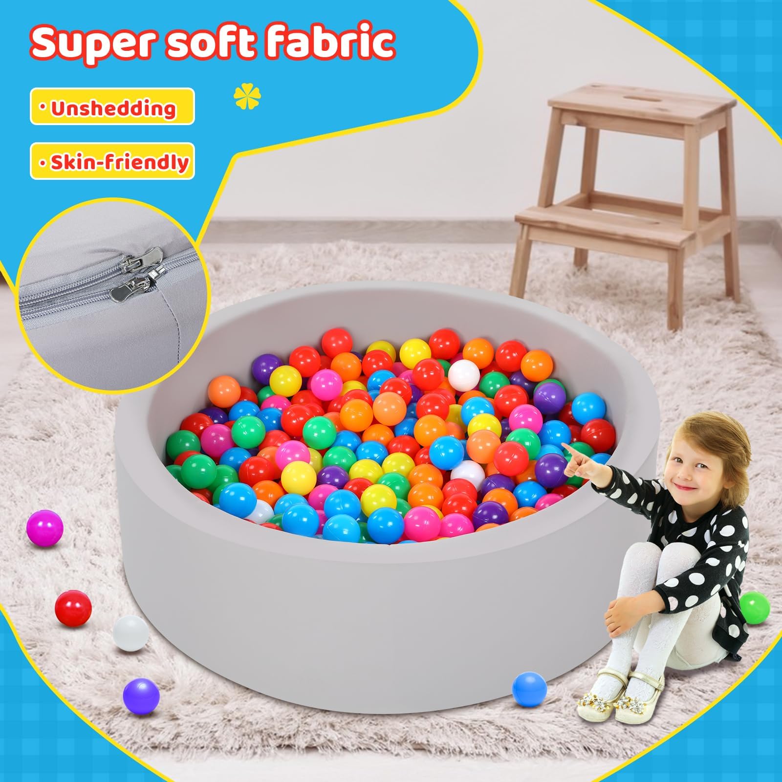 Piscina di palline per bambini con 100 palline tricolori, Palline per piscina di palline per bambini con palline di plastica incluse Piscina di palline rotonda morbida pieghevole grande