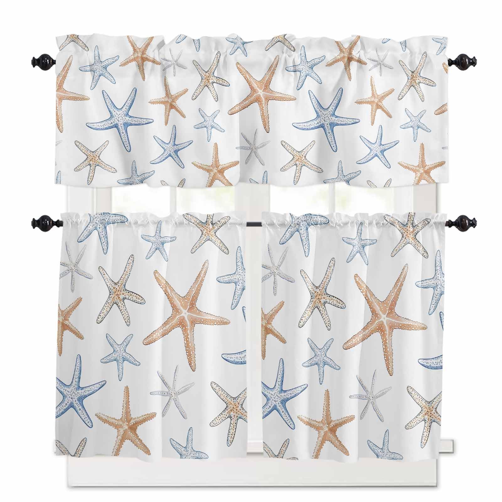 Orange Blue Starfish Kitchen Curtains 36 Inch Length, 3 Piece Rod Pocket Small Half Tiers and Valance Set, Summer Beach Coastal Ocean Small Large Window Treatment Decor for Bedroom/Bathroom Sink