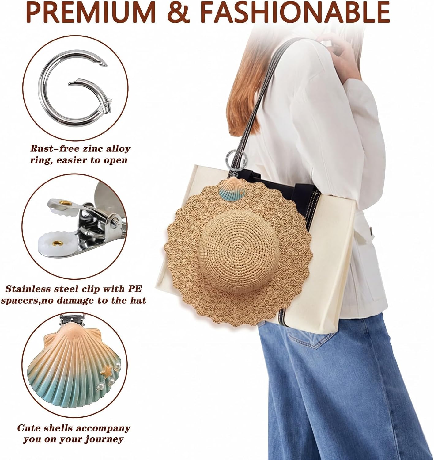 2Pcs Hat Clip for Travel on Bag, Non-Magnetic Hat Holder for Straw Sun Hats, Cute Seashell Beach Purse Carrier