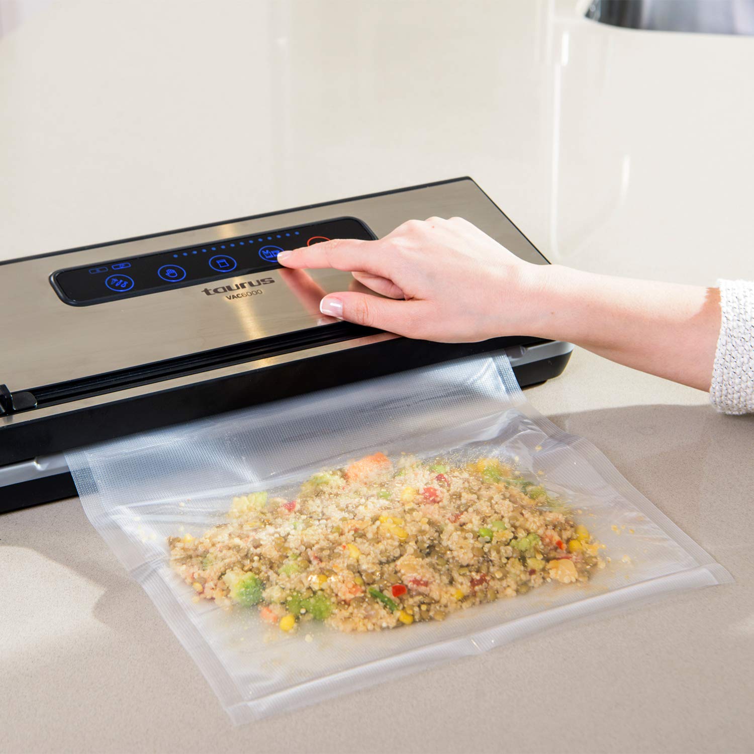Taurus Vac600 - Envasadora y selladora al vacío de alimentos con cortador, alimentos secos y húmedos, función stop, tamaño y sellado 30 cm, indicador LED, bandeja de goteo, acero inoxidable y negro