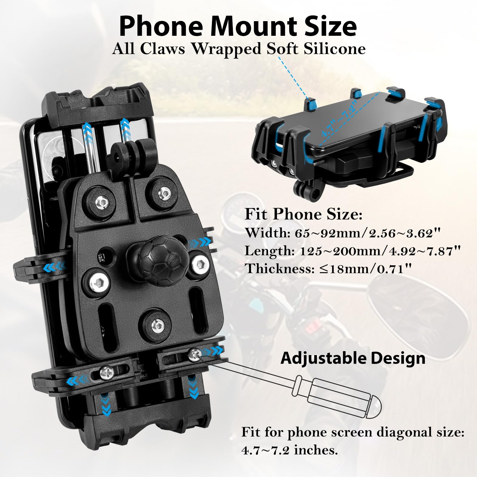 EMERK Soporte para teléfono de motocicleta con amortiguador de vibración, soporte antirrobo para teléfono de motocicleta, soporte para teléfono móvil ajustable para bicicleta, bicicleta, carretera