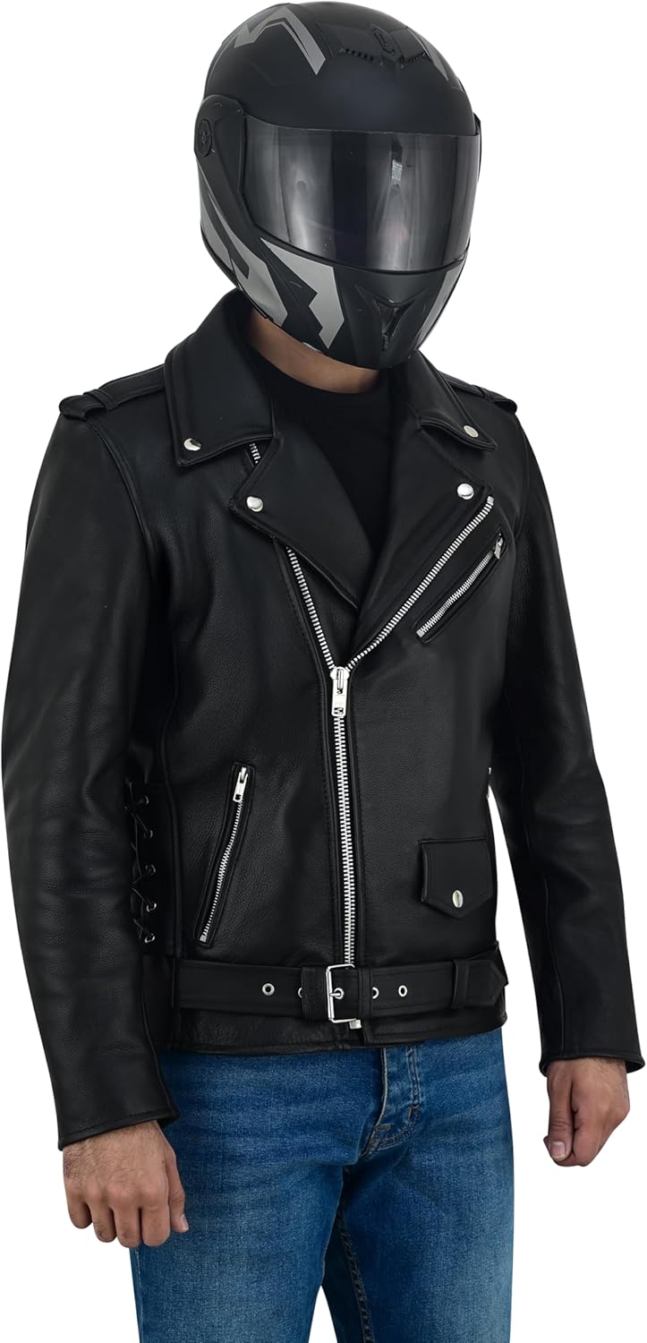 Men's Motorcycle Brando Leather Jacket 100% Cowhide Distressed Zip Up Leather Side Lacing Motorbike Jackets - Image 2