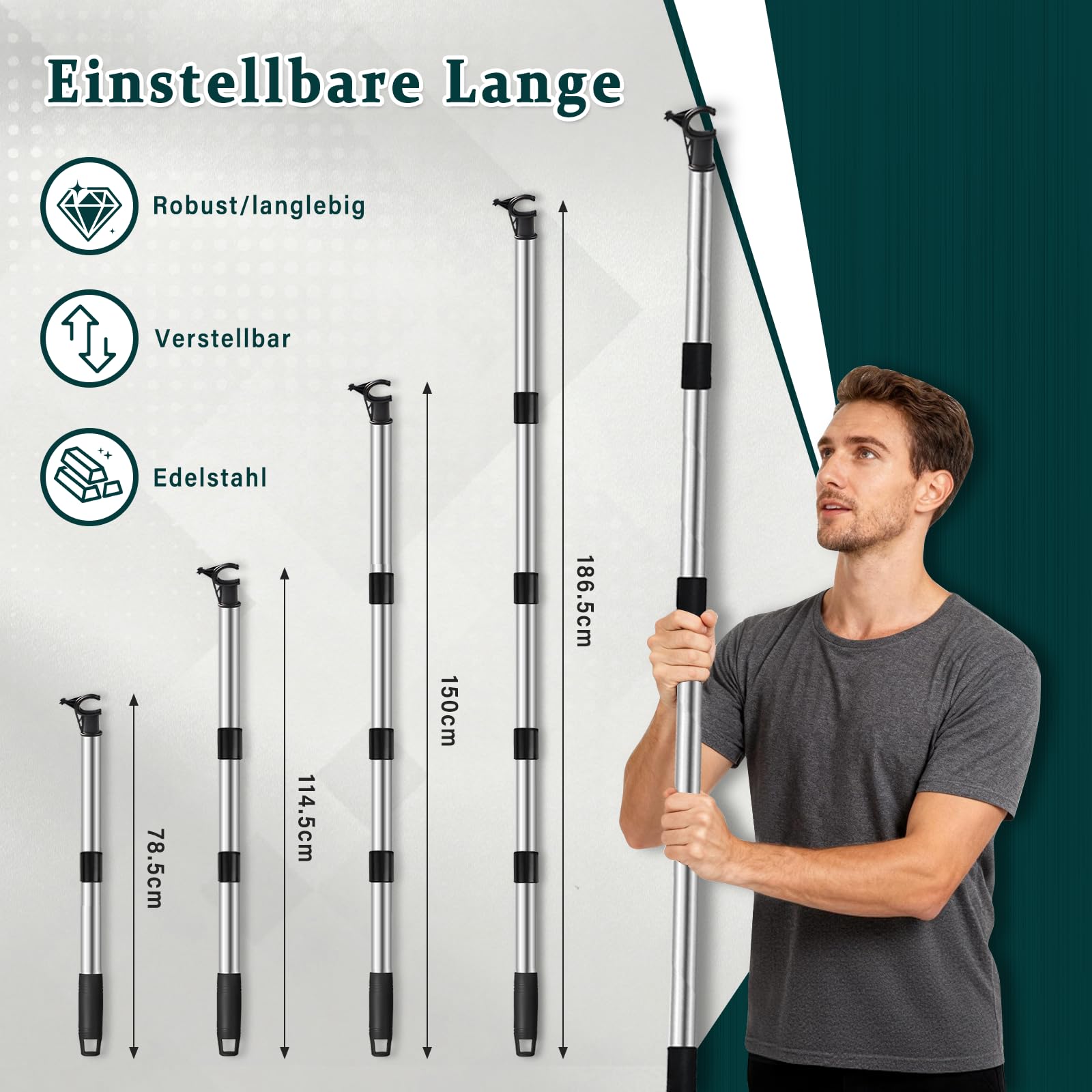 Asta Telescopica per Lucernario Velux GGL/GGU 185 cm Acciaio Inox Gancio Universale