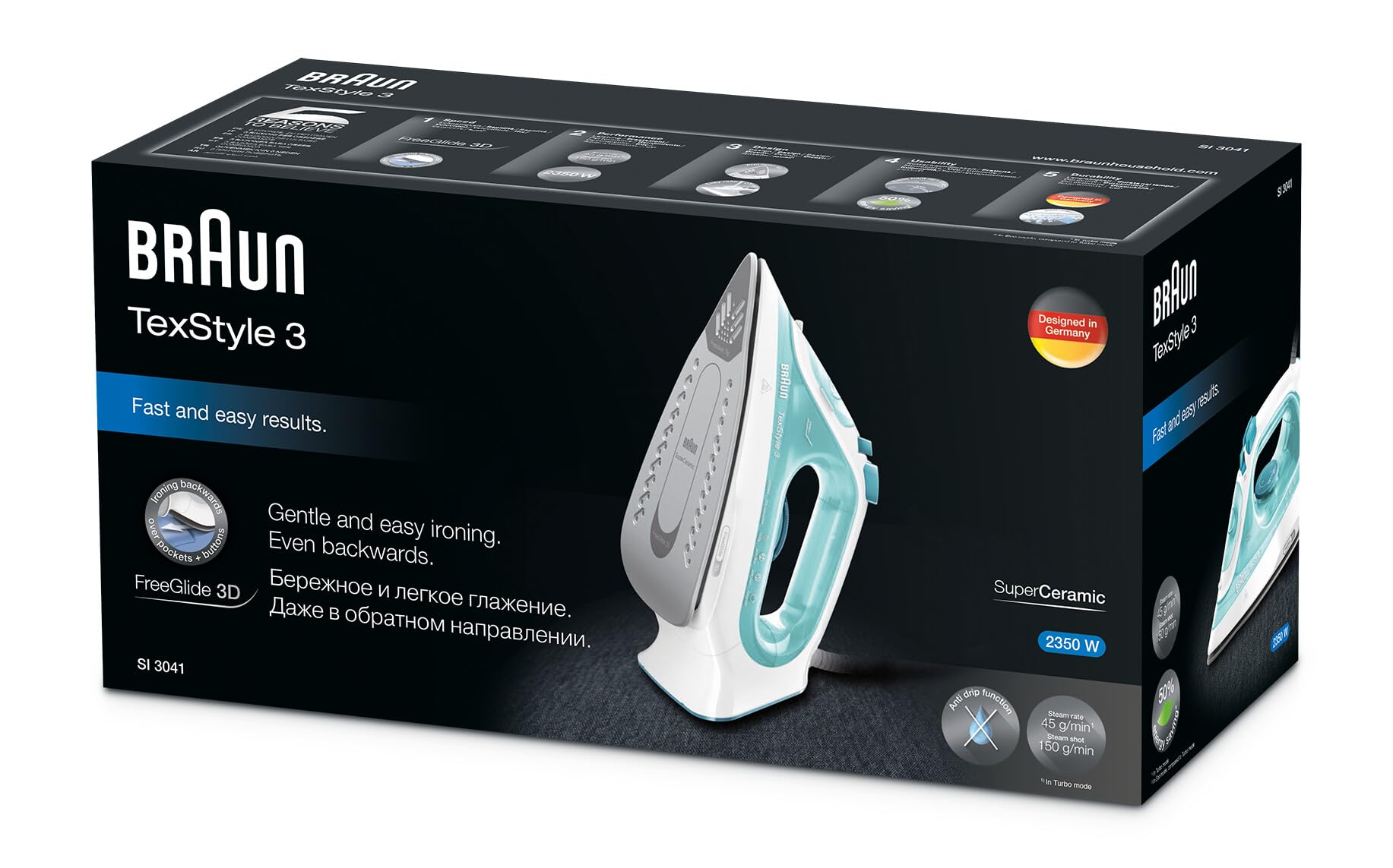 Braun TexStyle3 SI3041GR Ferro da Stiro a Vapore con 5 Anni di Assistenza, Piastra in Ceramica, Stiratura in Verticale, Punta di Precisione, Getto di Vapore 150g/min, Potenza 2350watt, Bianco/Celeste