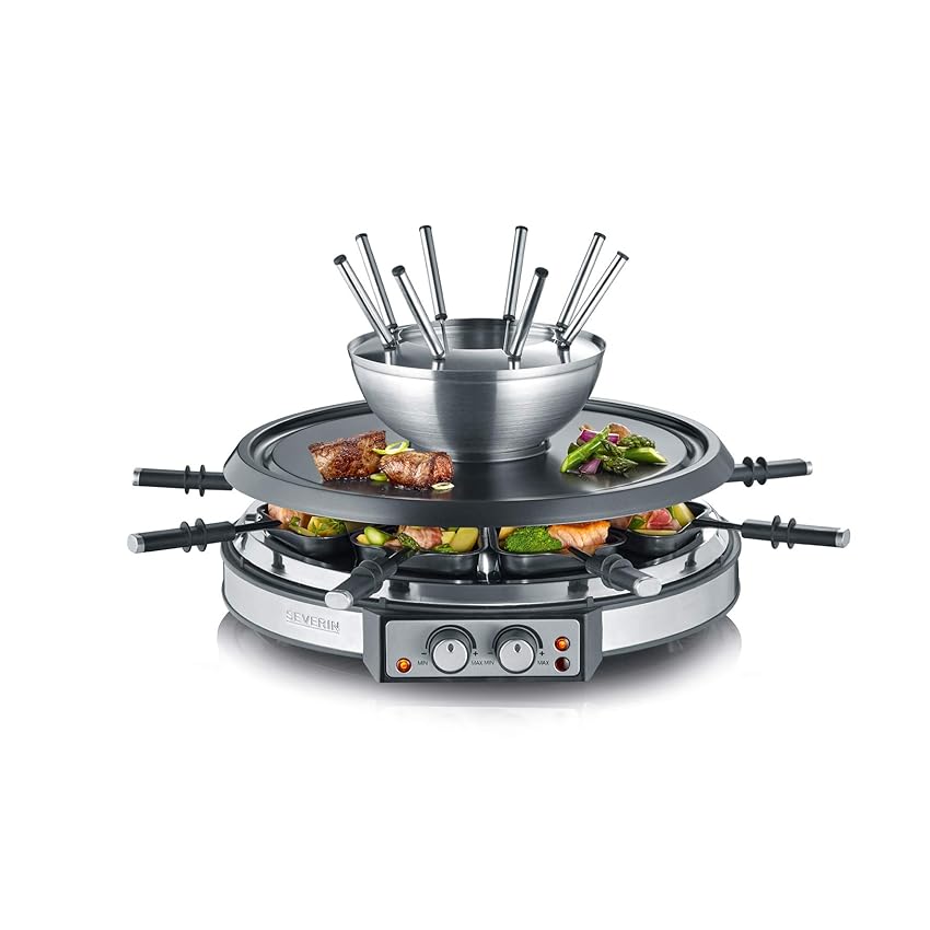 Immagine del prodotto SEVERIN Grill/Raclette/Fonduta 8 Padellini, 2 Elementi Riscaldanti Regolabili Separatamente, Combinazione 2-In-1 Con 8 Padellini, Raschietti E Forchette Per Fonduta, Potenza 1.900W, RG 2348