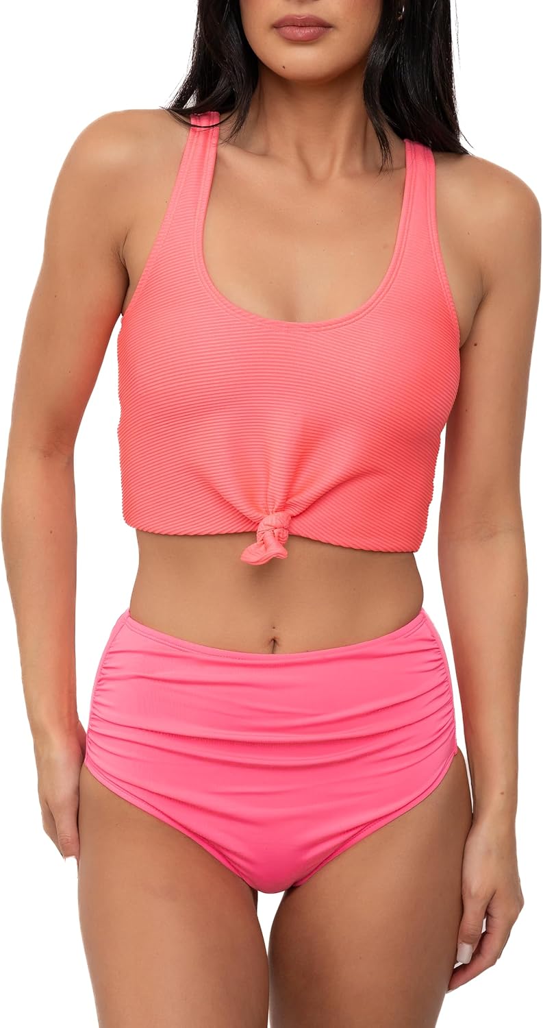 Coral Reef Swim Tankini Swimsuits for Women - Knotted Front Tankini Tops with Mid-High Ruched Swim Bottoms - Pink (XXS - 3XL)