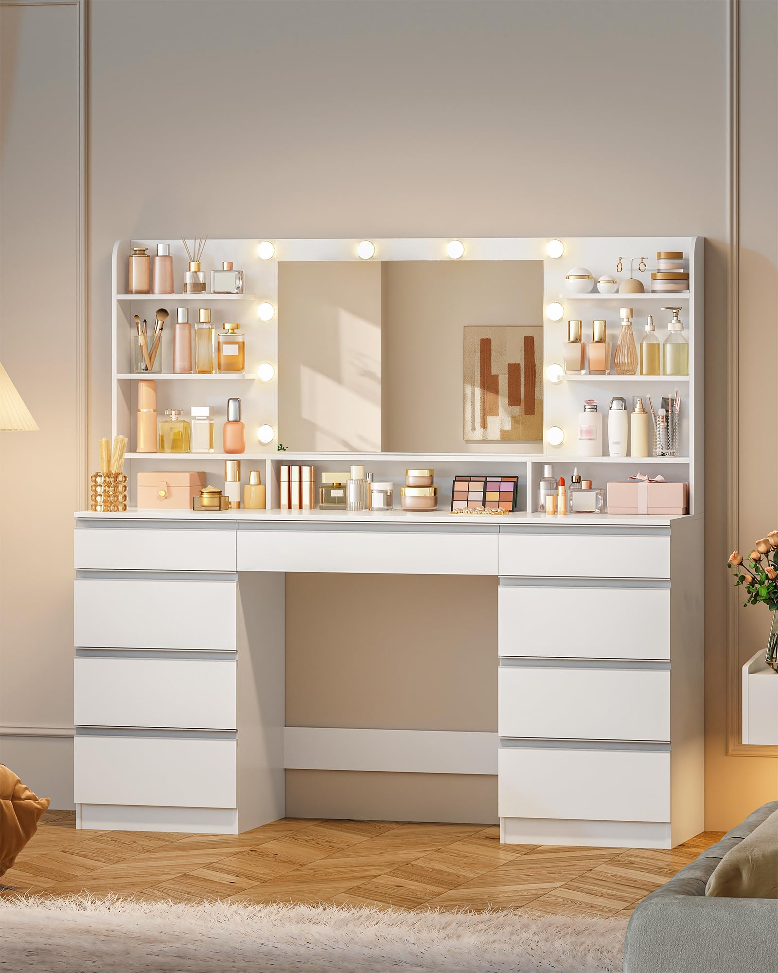 Hzuaneri Große Schminktisch mit Verstellbaren LED-Beleuchtung, 10 LED-Lampen, 3 Farben, Helligkeit Einstellbar, Schminktisch mit Große Spiegel, 9 Schubladen, 9 Offene Fächer,Weiß-Silber DT43403WEU