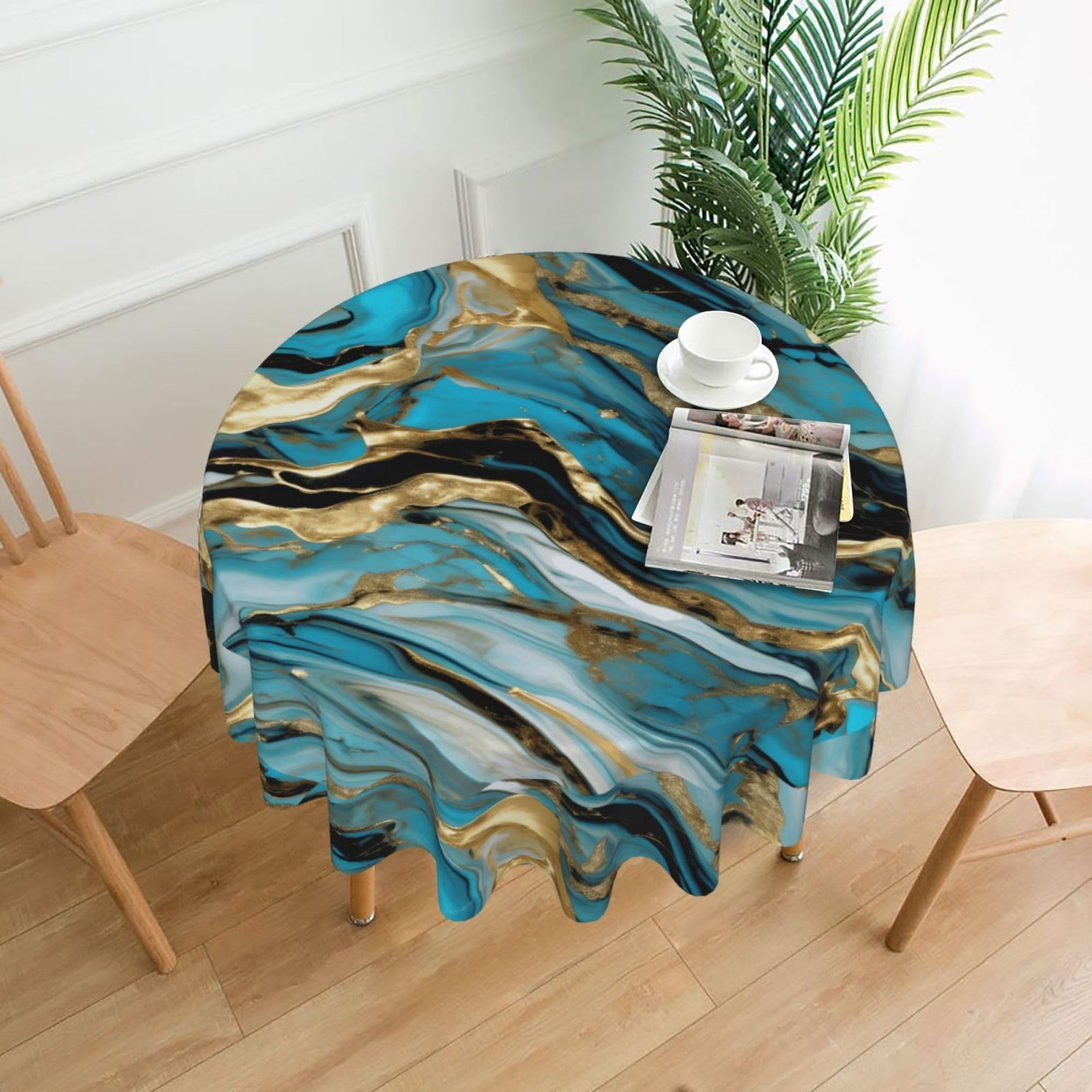 Nbtghga Turquoise Blue Gold Marble Print Tablecloth Round Border Table Cloth Cover Decorative For Party Holiday Dinning Tabletop Home