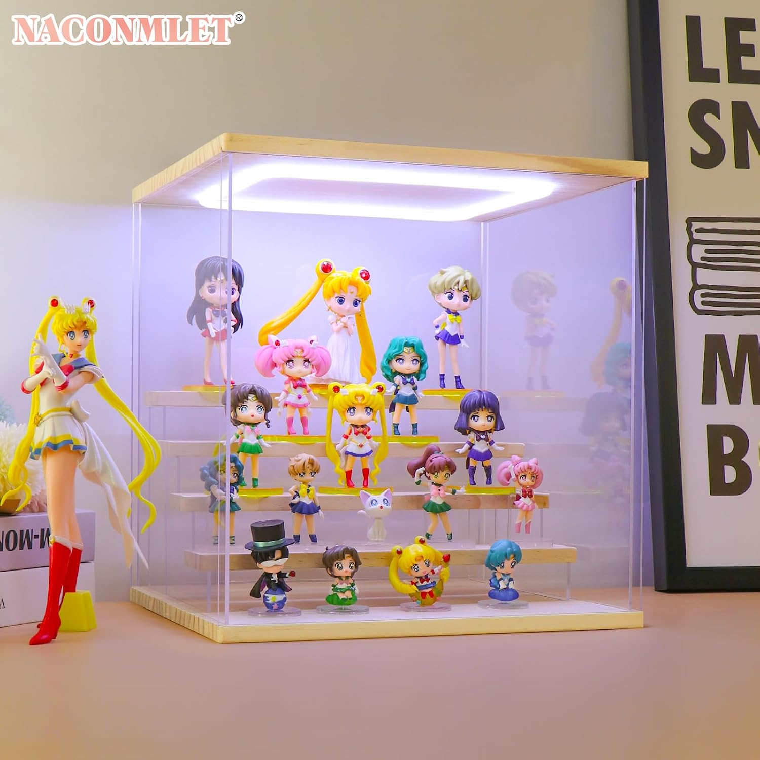 Clear Acrylic Display Case with LED Light - 5 Tier Detachable Wooden Steps Showcase Box, Solid Wood Base Transparent Display Box for Pop Mart, Figure, Amiibo & Blind Box (12.6x11.4x13.3 in) image 4