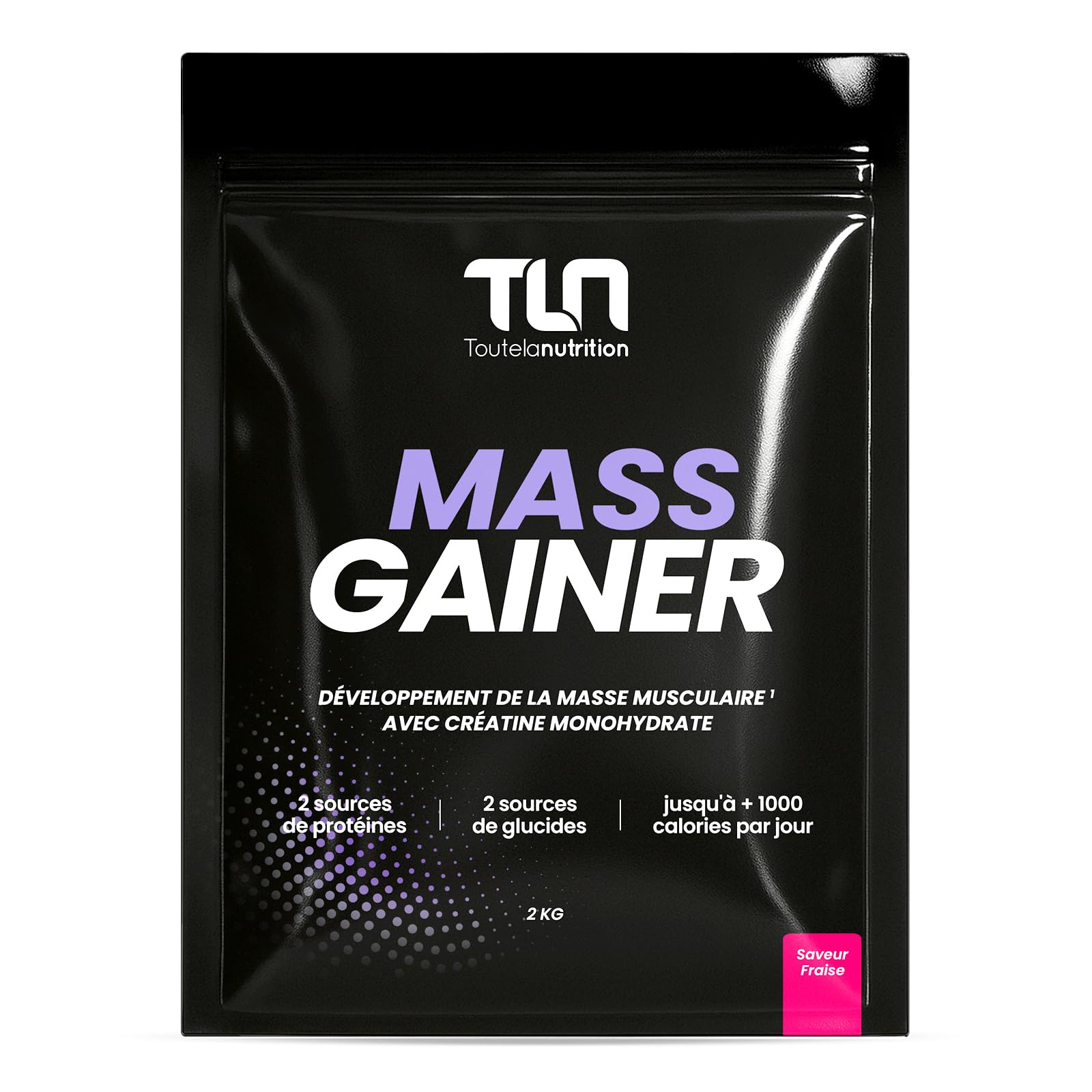 MASS GAINER | Gainer Prise de Masse Musculation | Créatine | +1200 kcal par jour | Protéines Whey & Caséine + Glucides Avoine & Maltodextrine + MCT | 20 Portions par Doypack de 2 kg | Fraise | TLN
