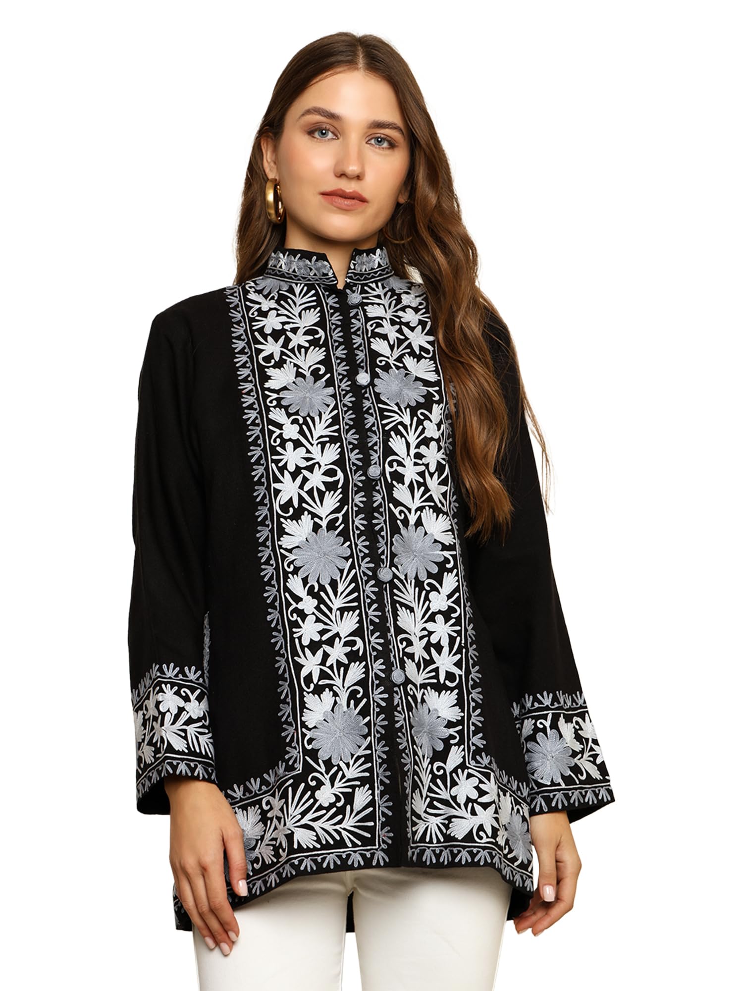 craftbazar Women's Kashmiri Embroidered Woolen Black Grey Border Jacket-picture-12