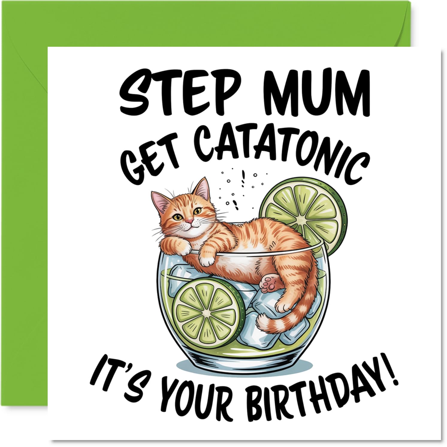 Step Mum Birthday Card - Catatonic - Happy Birthday Card for Step Mum from Son Daughter, 145mm Cute Animal Design Bday Greeting Cards