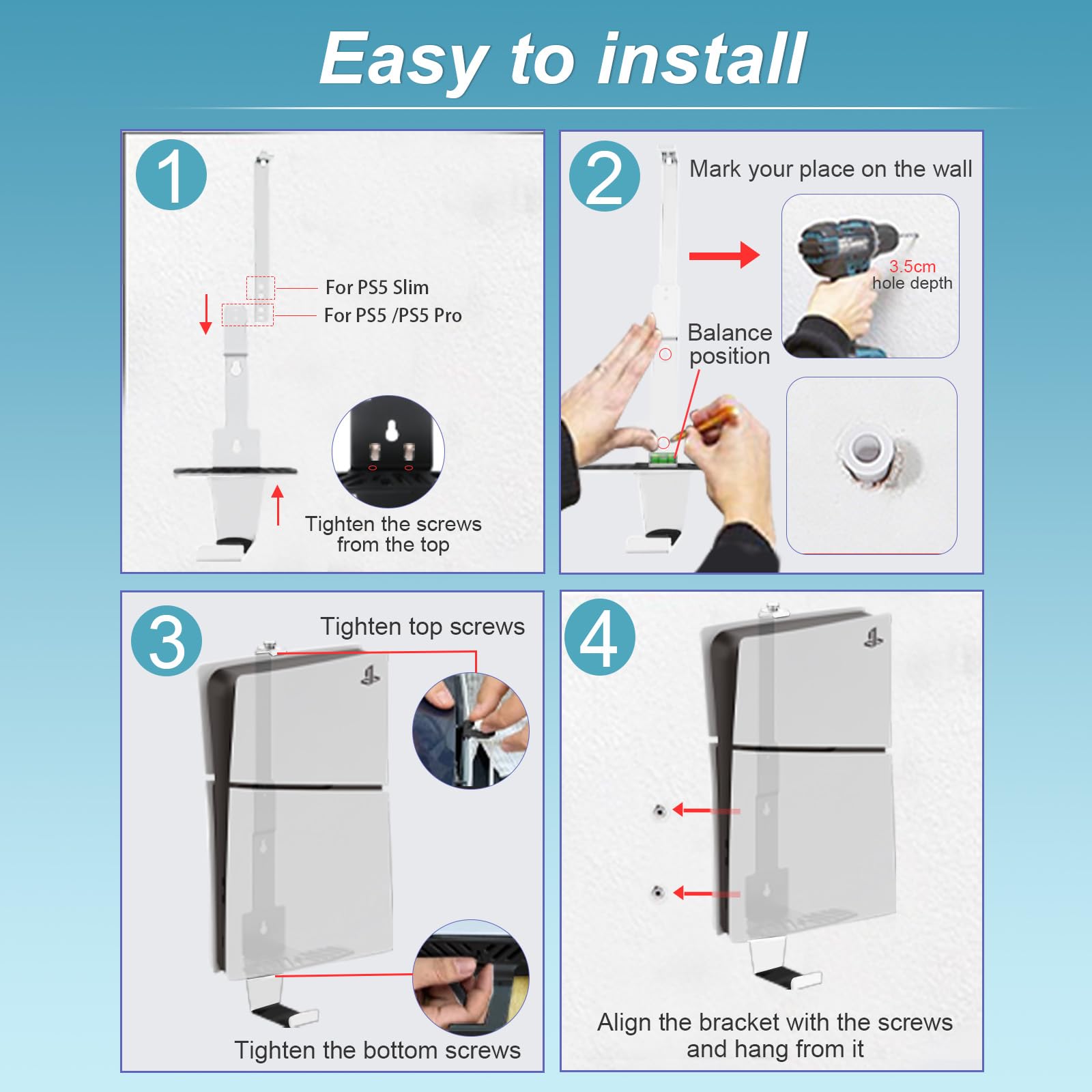 PS5 Wall Mount, Heavy-Duty Steel Mount Kit for Protection & Cooling with 2 Controller Holder and Headset Holder,Compatible with All PS5 Models Including Slim, Pro, Original. (White) — view 8