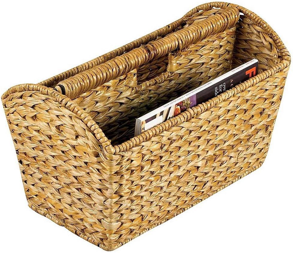 Household Essentials Wicker Magazine Basket, 2 Sectioned, Strong Water Hyacinth Weave, Durable Metal Frame, Comfortable Built-In Handle, Great for Storage, Decoration or Sorting, Natural