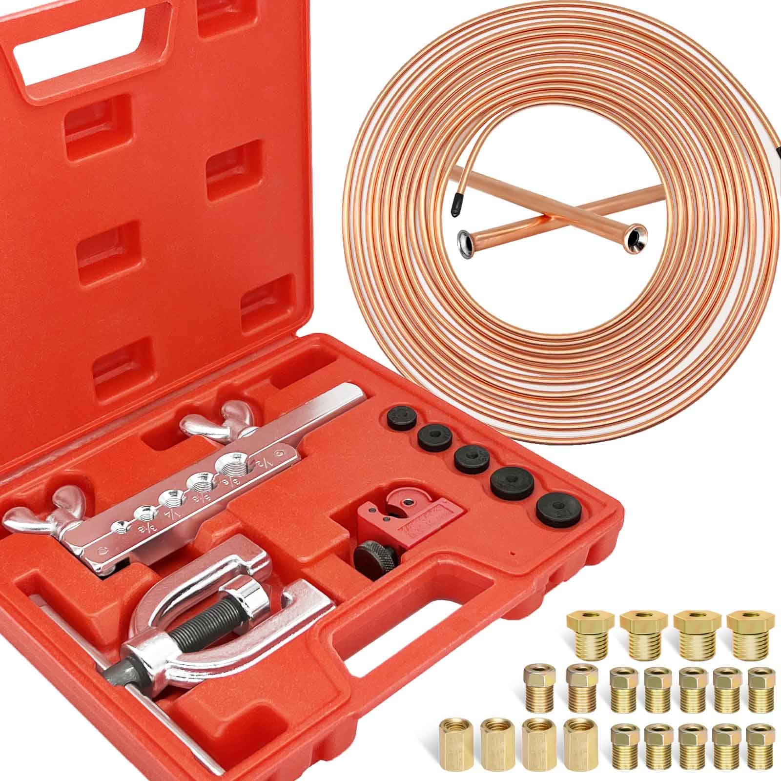 Brake Line Kit 25FT 3/16" Copper Coated Brake Line with Double & Single Flaring Tool Kit Includes Tube Cutter, Fittings, Unions