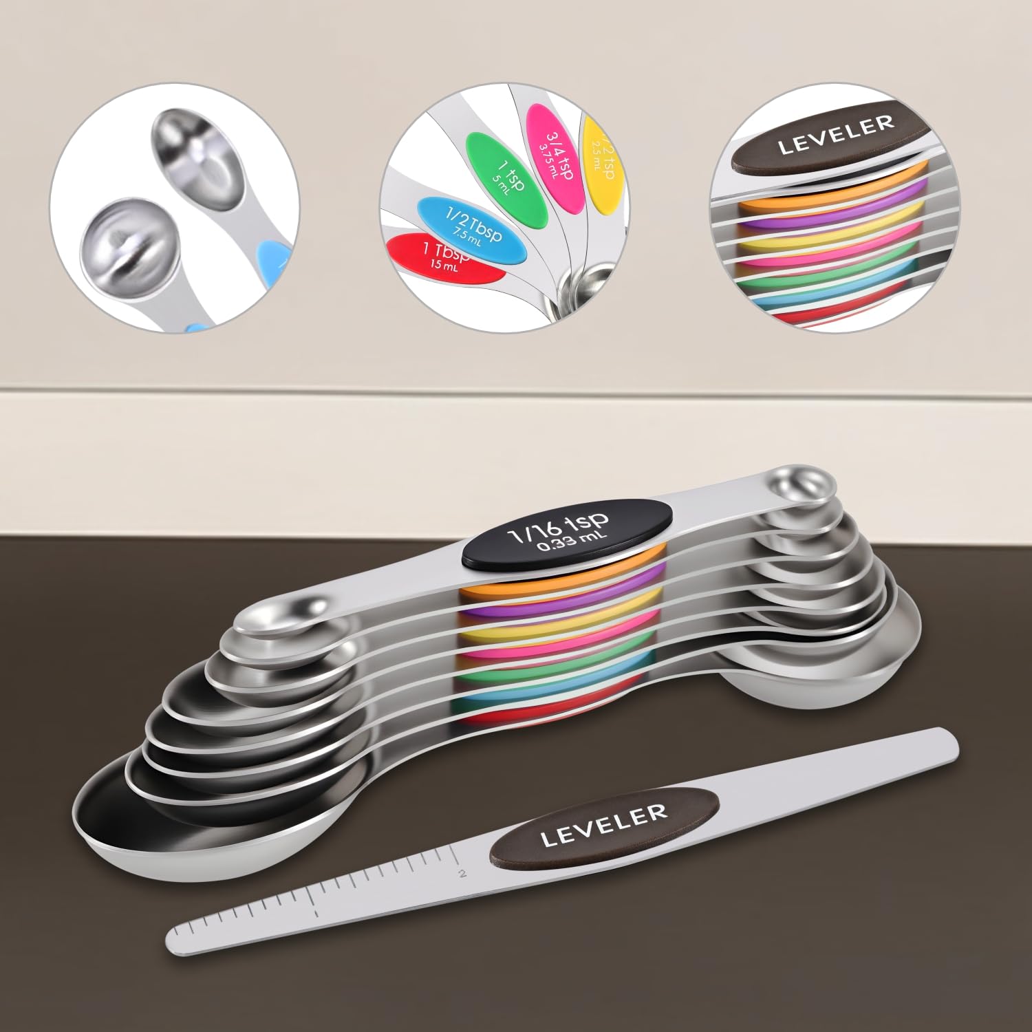 EDELIN Juego de tazas y cucharas medidoras magnéticas, acero inoxidable, 7 tazas y 6 cucharas con 1 nivelador, acero inoxidable 18/8 304 (multicolor, 14 juegos)