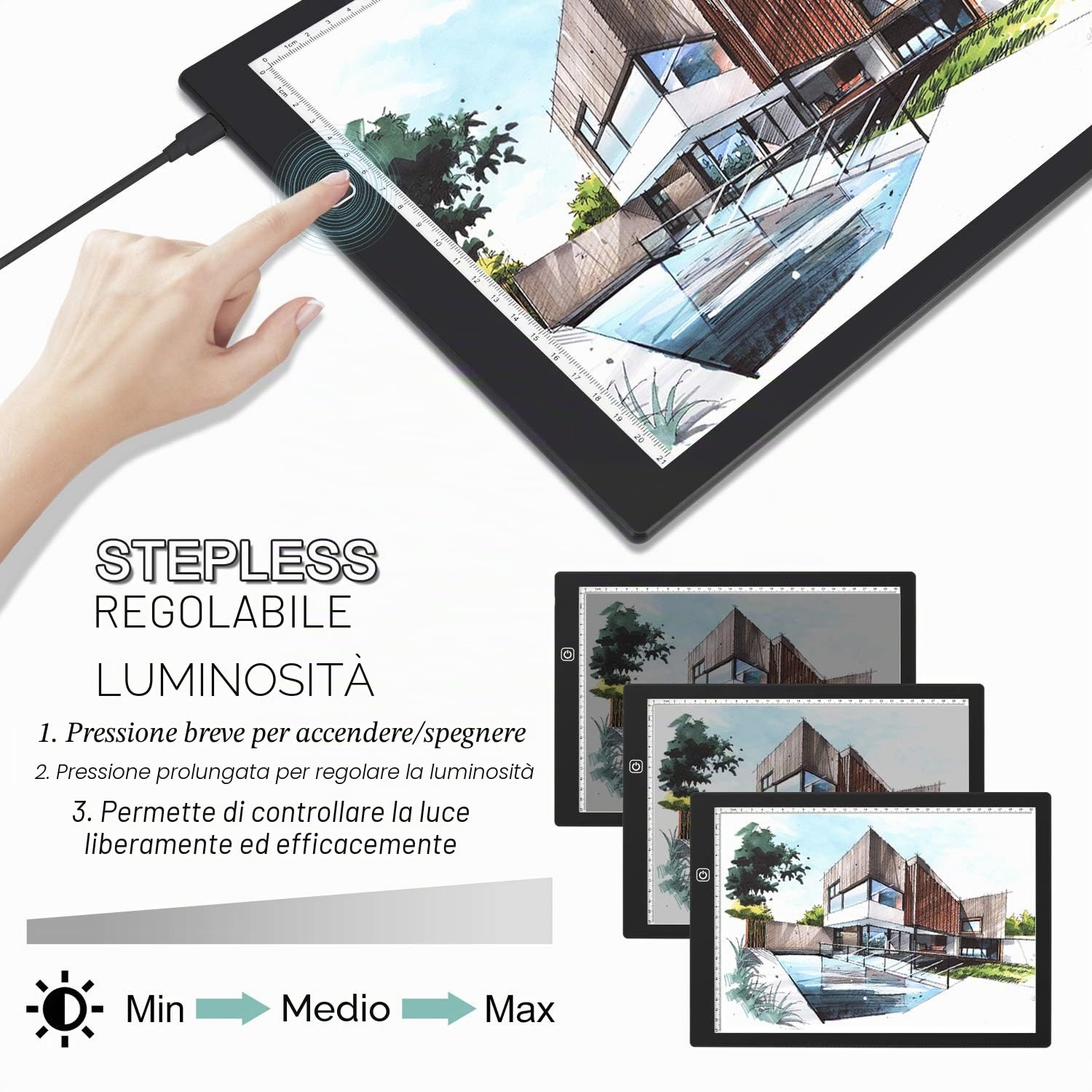 Tavolo luminoso per disegno A4, tavolo luminoso per tavolo da disegno A4 LED Tablet di luce 3 modalità di illuminazione, Light Pad ultra sottile con pannello touch intelligente e per artisti