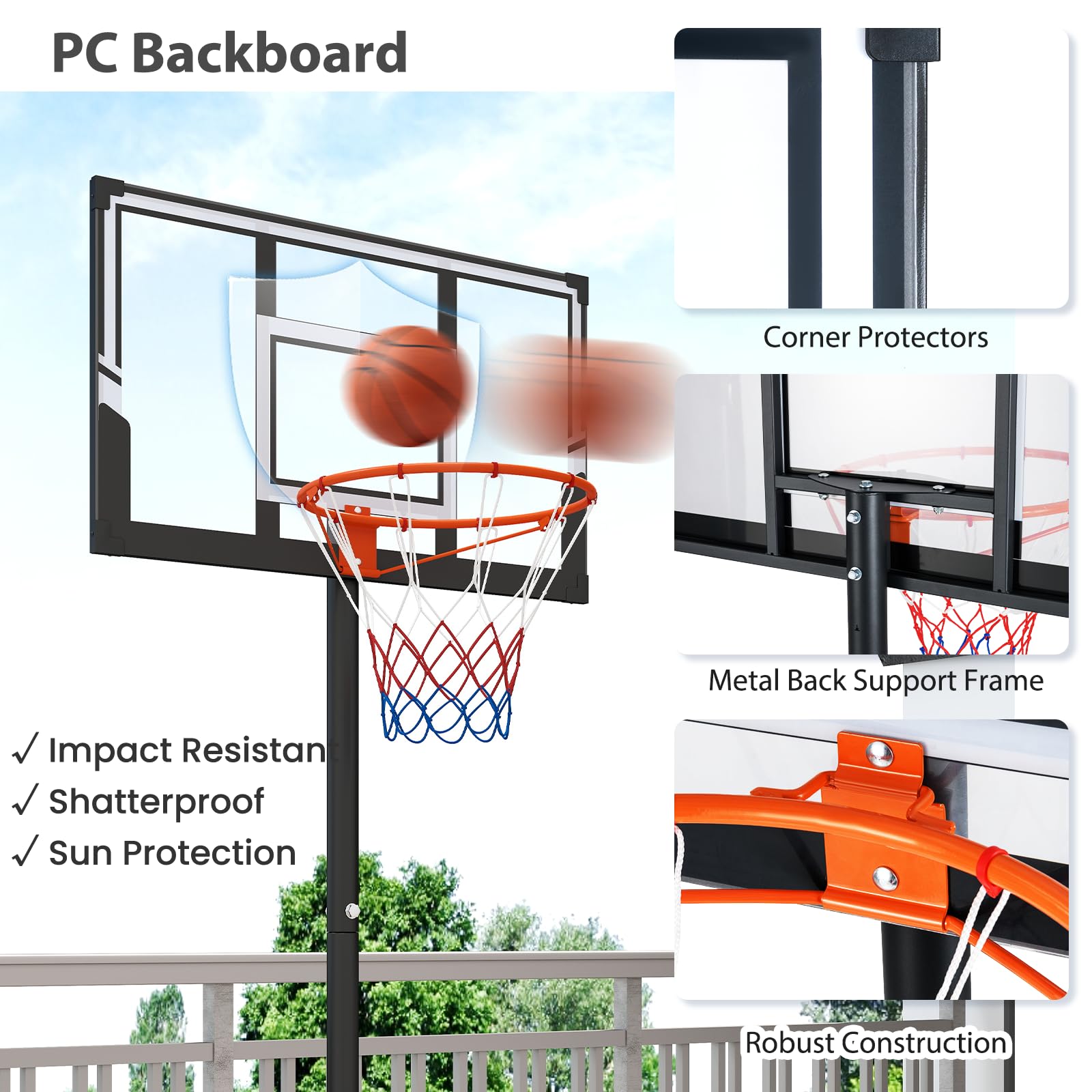 LIFEZEAL Canasta de Baloncesto para Exteriores, Soporte de Baloncesto con Altura Ajustable de 100 a 305 cm, Sistema Móvil con Pared Trasera de 110 x 75 cm, Cesta de Patio Trasero