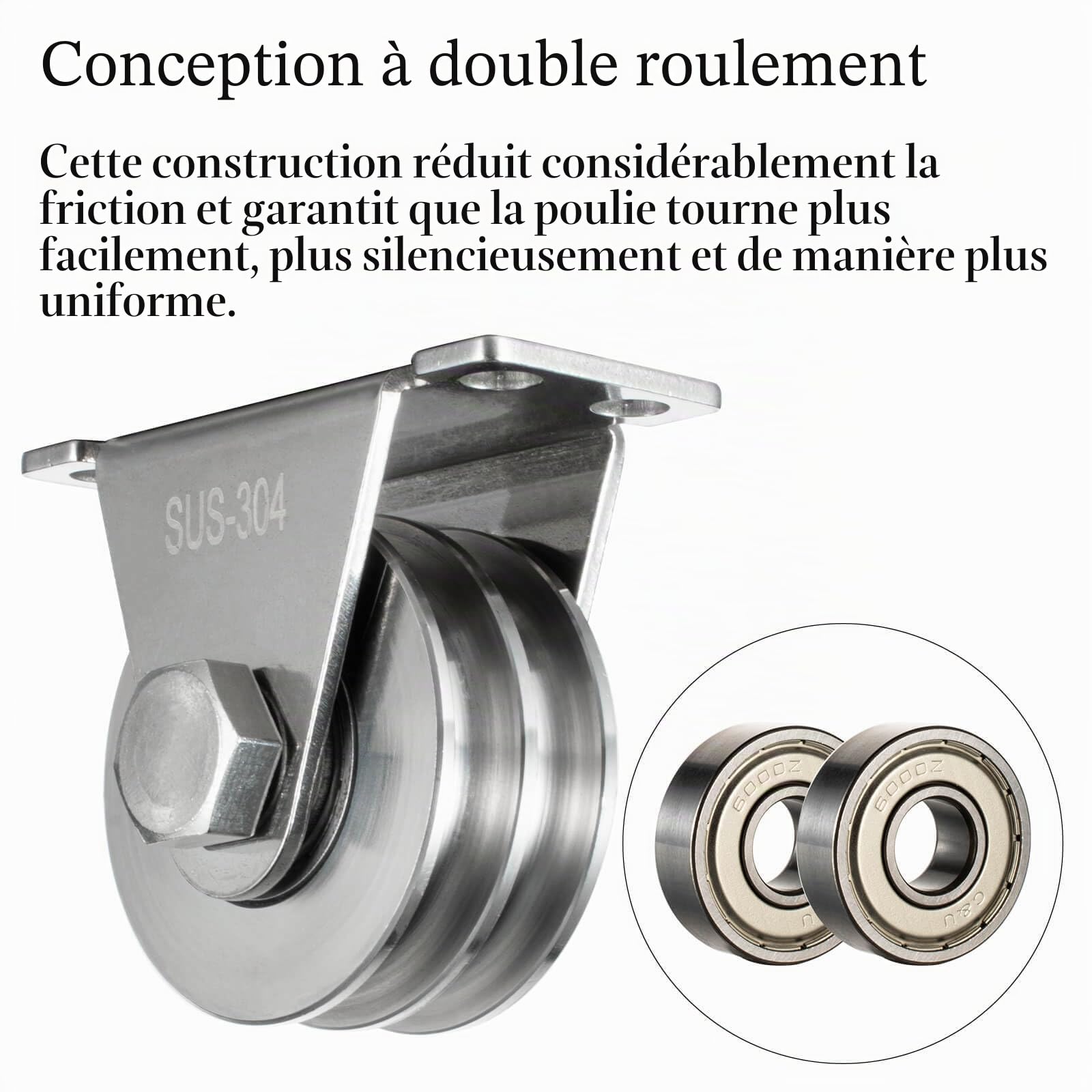 Poulie double avec 2 roulements à billes, treuil en acier inoxydable, poulies pour cordes de 8 mm en acier, capacité de charge 500 kg, lot de 2 pièces KCNOFNC Poulie double avec 2 roulements à
