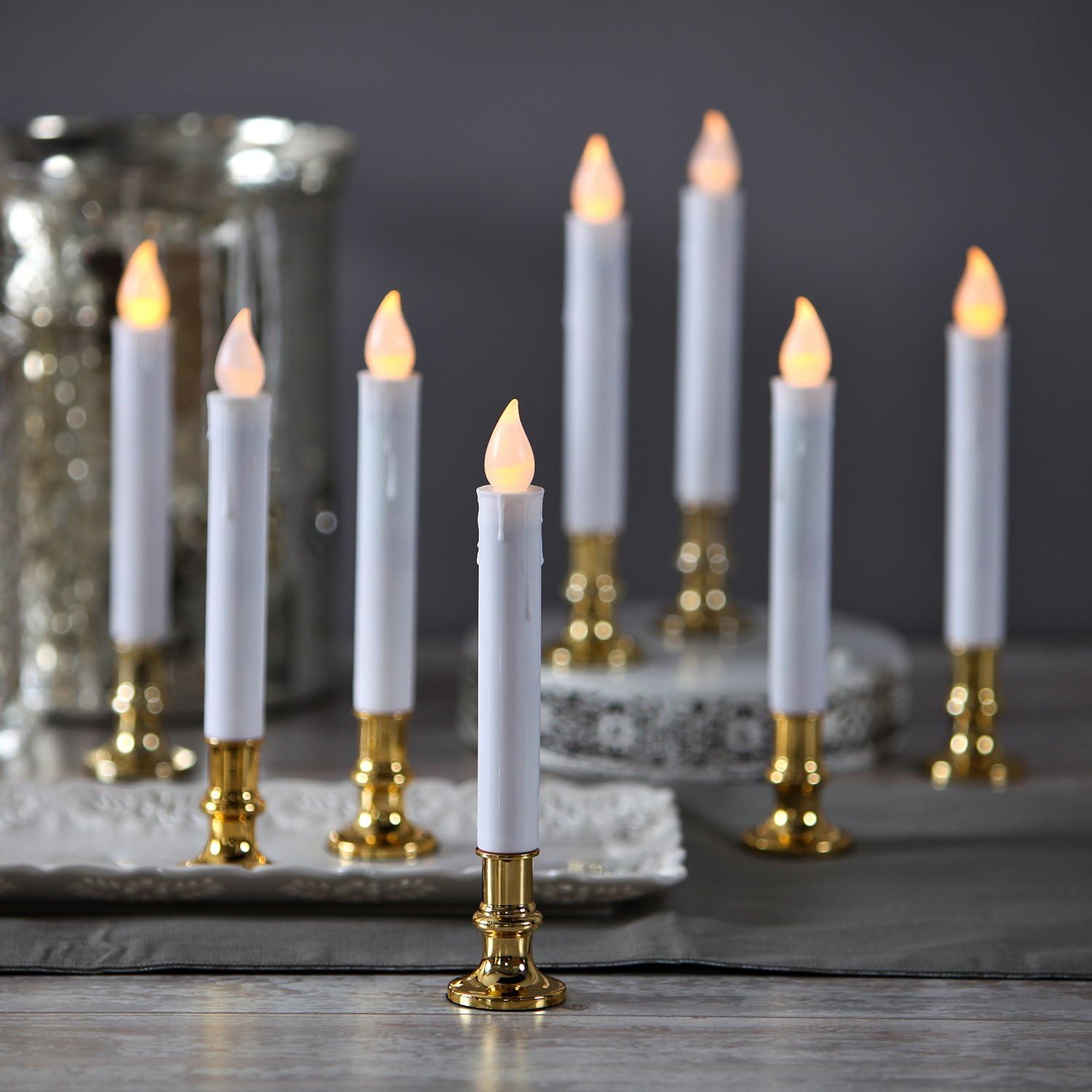 Christmas Window Candles with Gold Holders - Battery Operated White Flameless Taper, Removable Base, Flickering LED Light, Auto Timer, Remote Control & Batteries Included - Set of 8 image