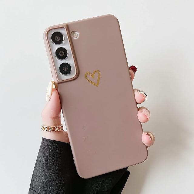 DEFBSC Case for Samsung Galaxy S22, Fashion Cute Love-Heart Shape Silicone Case Shockproof Soft TPU Back Cover Protective Case with Heart Pattern for Samsung Galaxy S22 - Brown