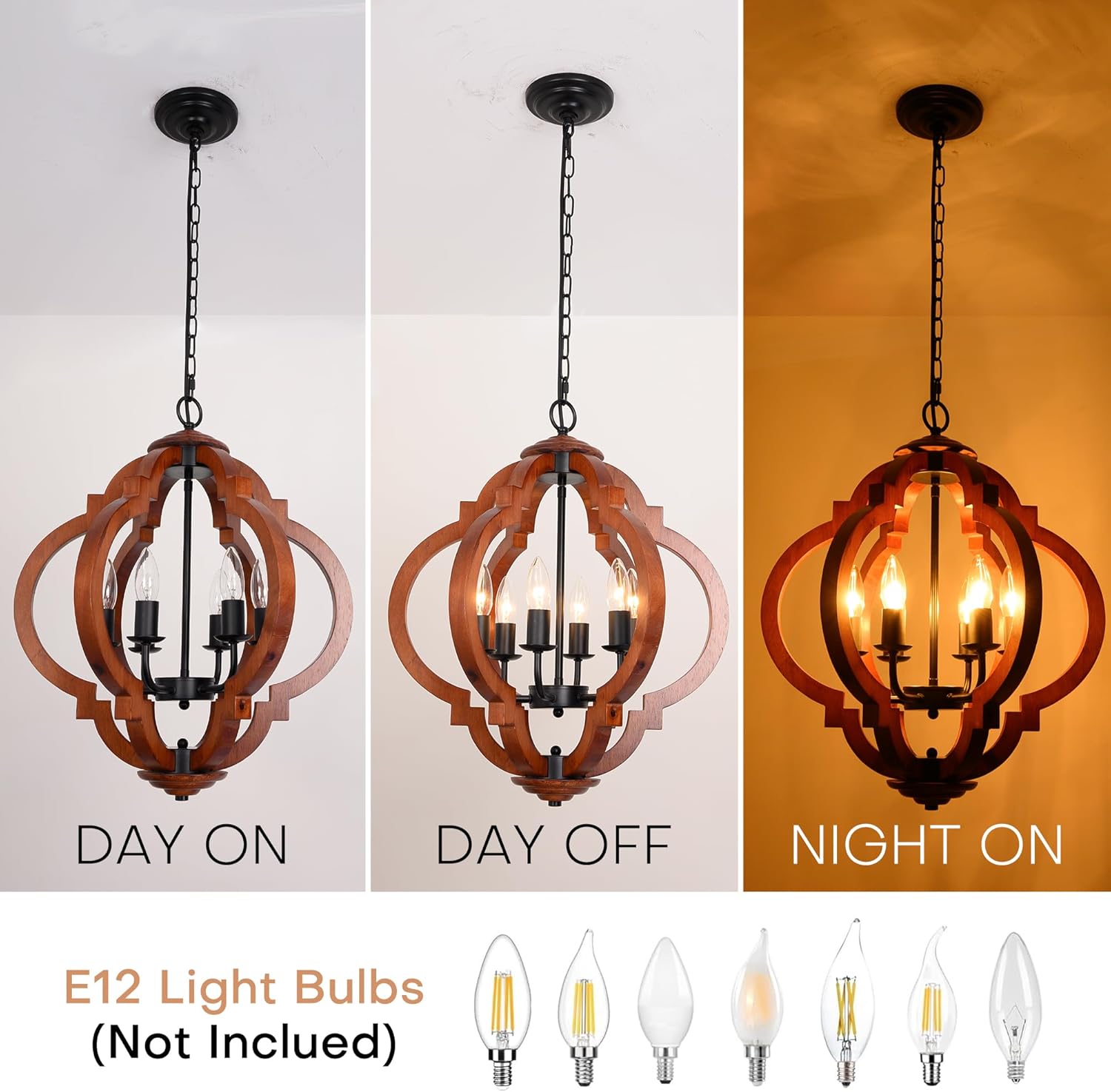 6-Light Farmhouse Chandelier, Red Wood and Black Metal Rustic Light Fixture, Industrial Dining Room Chandelier for Kitchen Island, Entryway, Foyer, Bedroom, Living Room